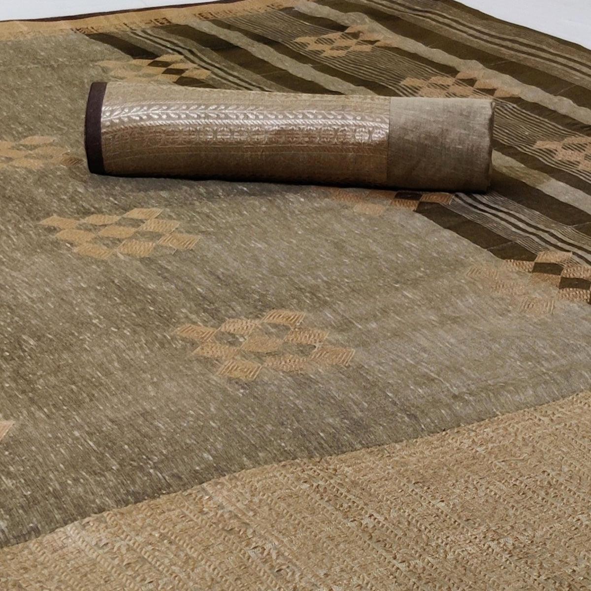 Breathtaking Dark Beige Colored Festive Wear Woven Linen Saree - Peachmode