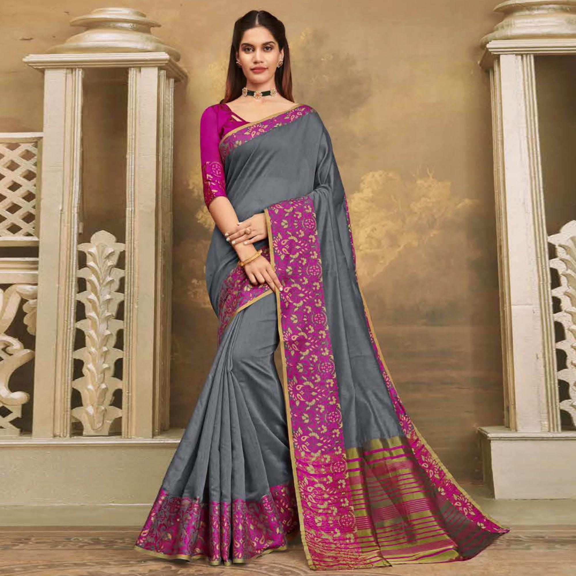 Breathtaking Dark Grey Colored Festive Wear Woven Cotton Handloom Saree - Peachmode