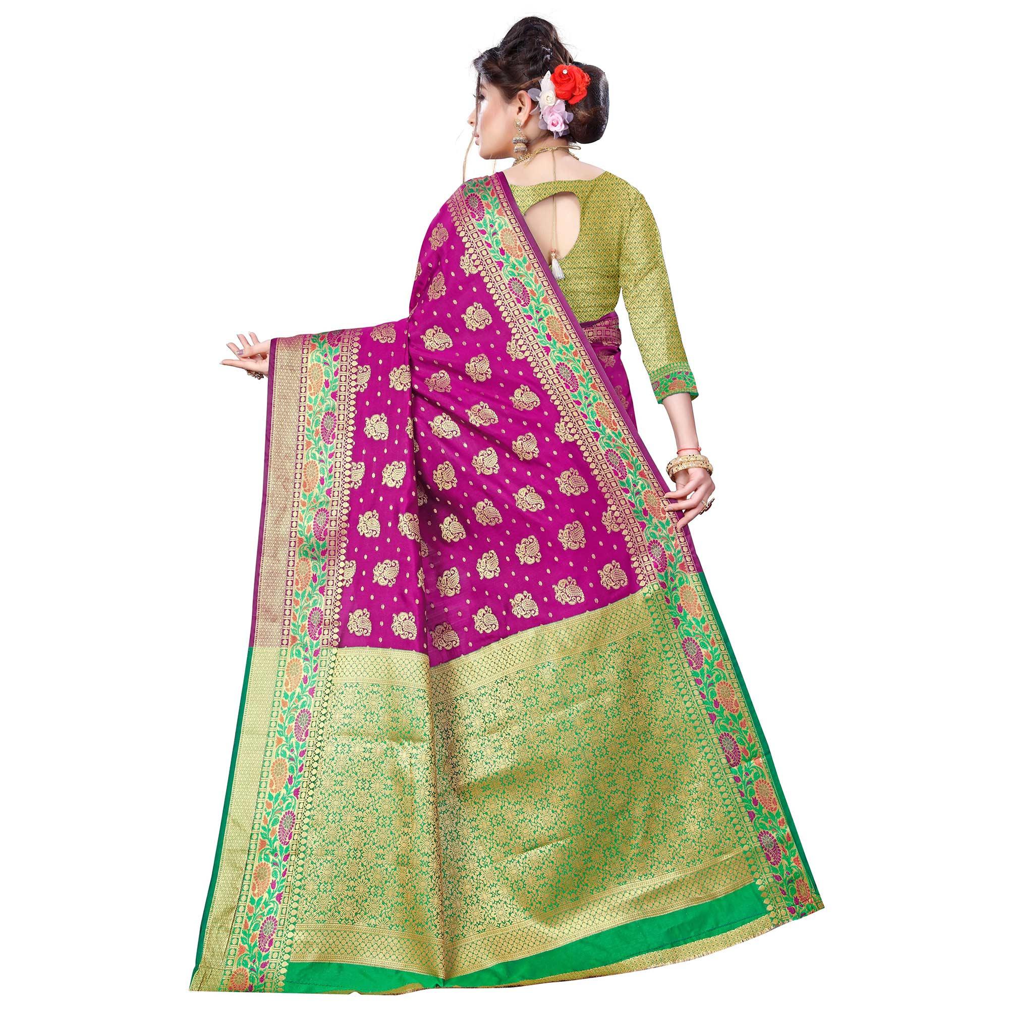 Breathtaking Dark Pink Colored Festive Wear Woven Banarasi Silk Saree - Peachmode
