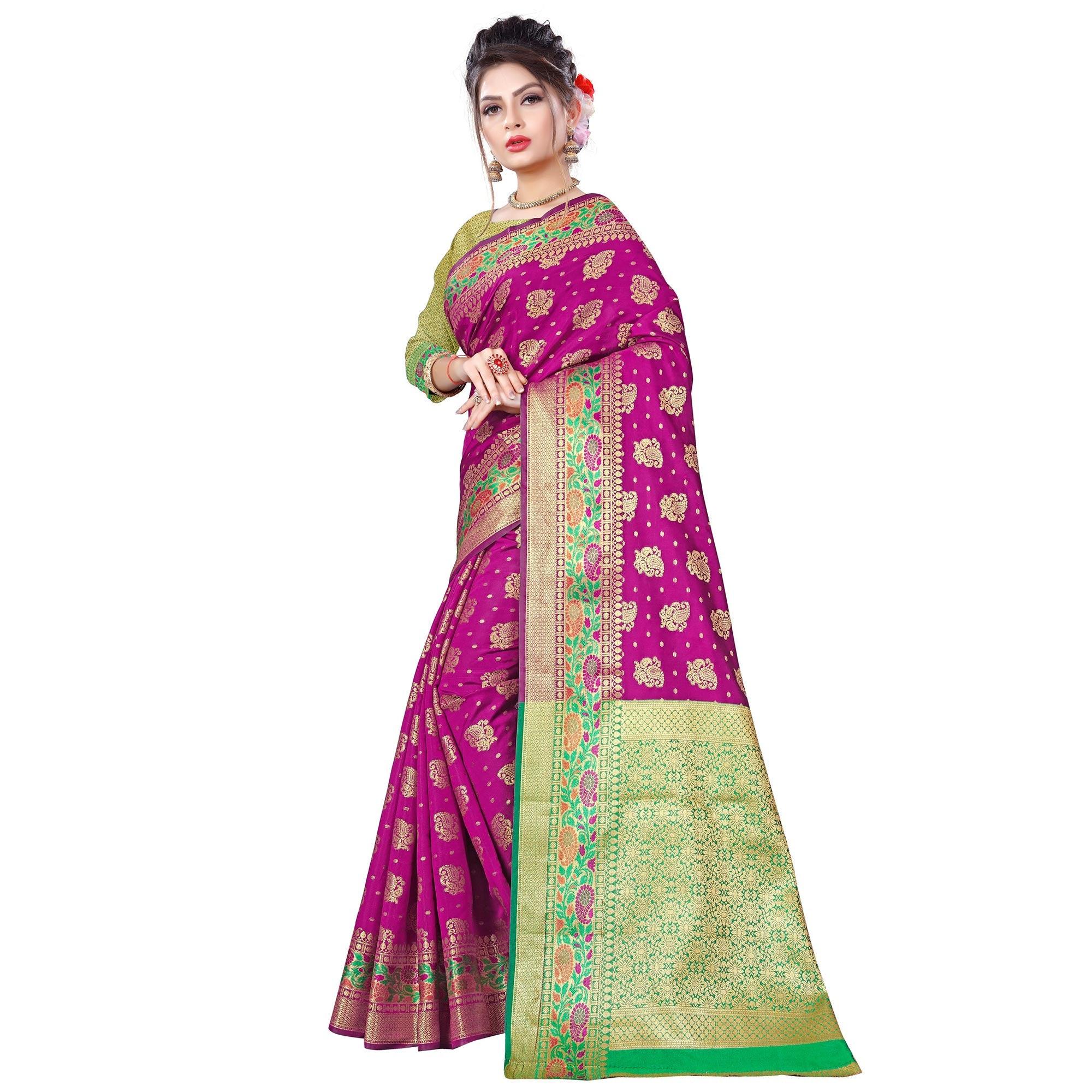 Breathtaking Dark Pink Colored Festive Wear Woven Banarasi Silk Saree - Peachmode