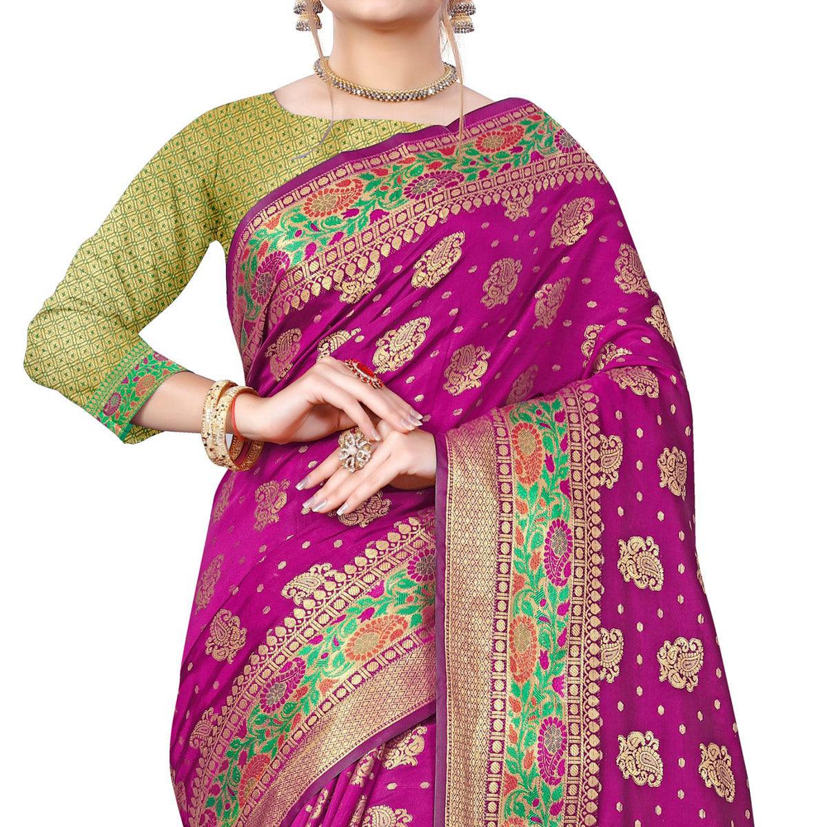 Breathtaking Dark Pink Colored Festive Wear Woven Banarasi Silk Saree - Peachmode