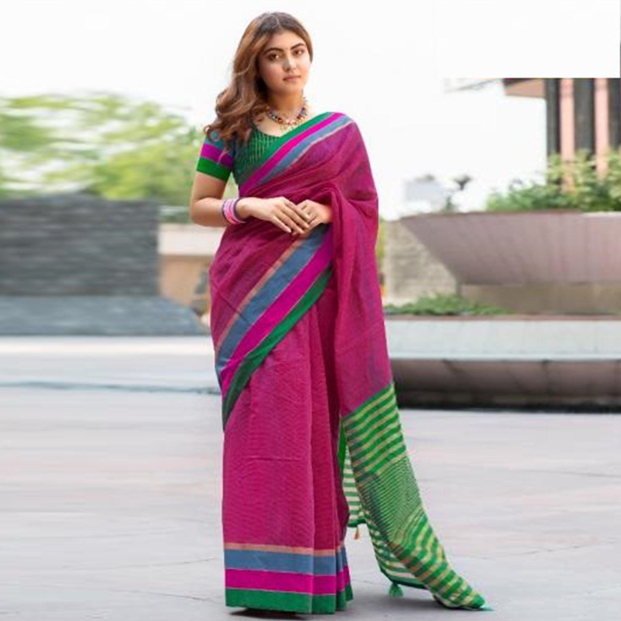 Breathtaking Dark Pink Colored Festive Wear Woven Cotton Saree - Peachmode