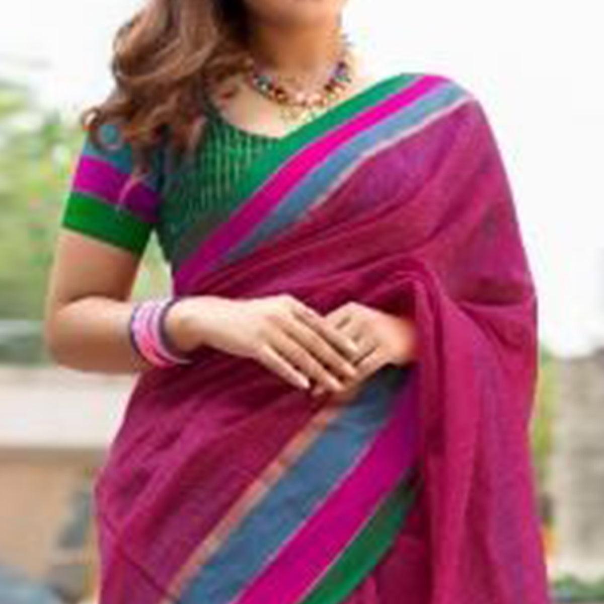 Breathtaking Dark Pink Colored Festive Wear Woven Cotton Saree - Peachmode