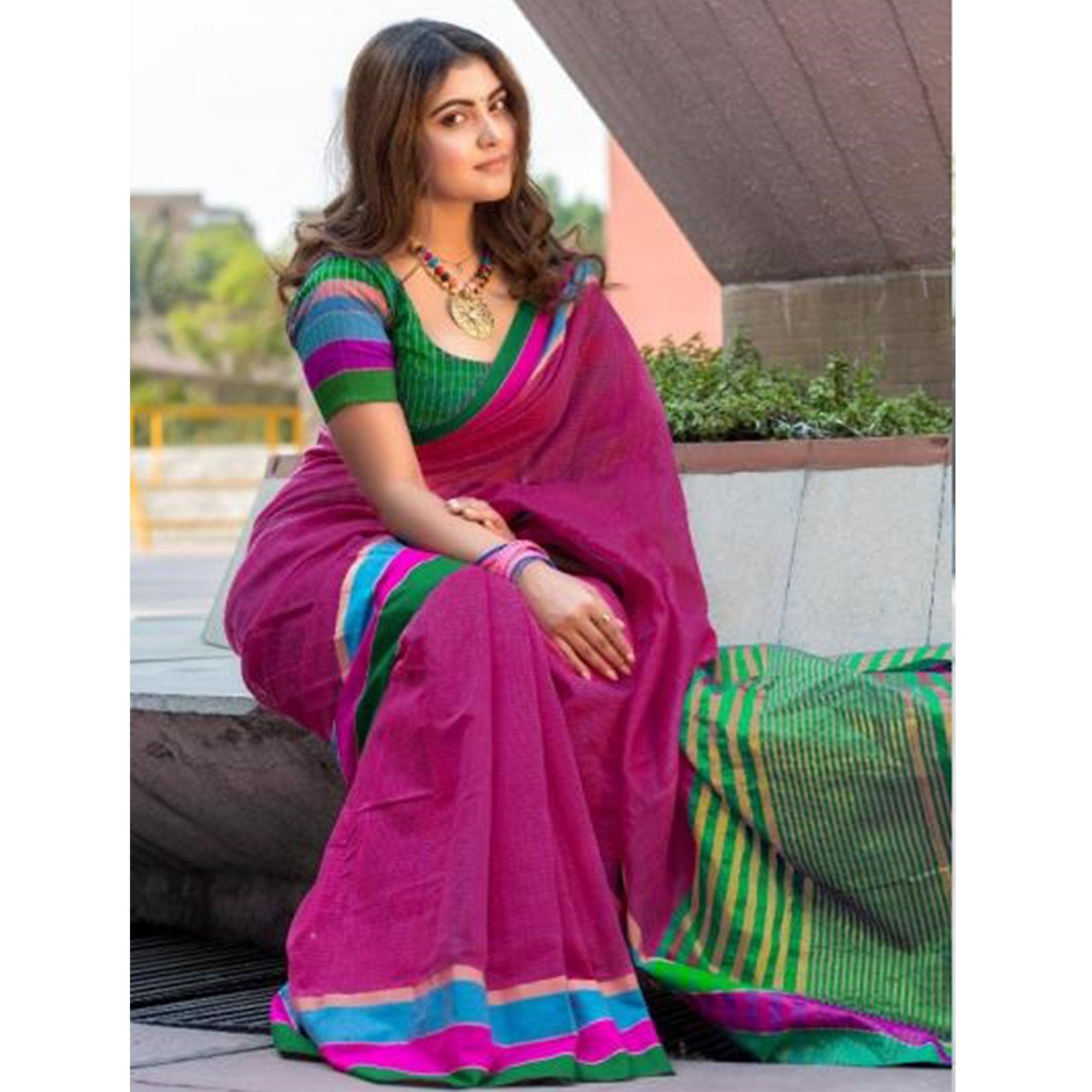 Breathtaking Dark Pink Colored Festive Wear Woven Cotton Saree - Peachmode