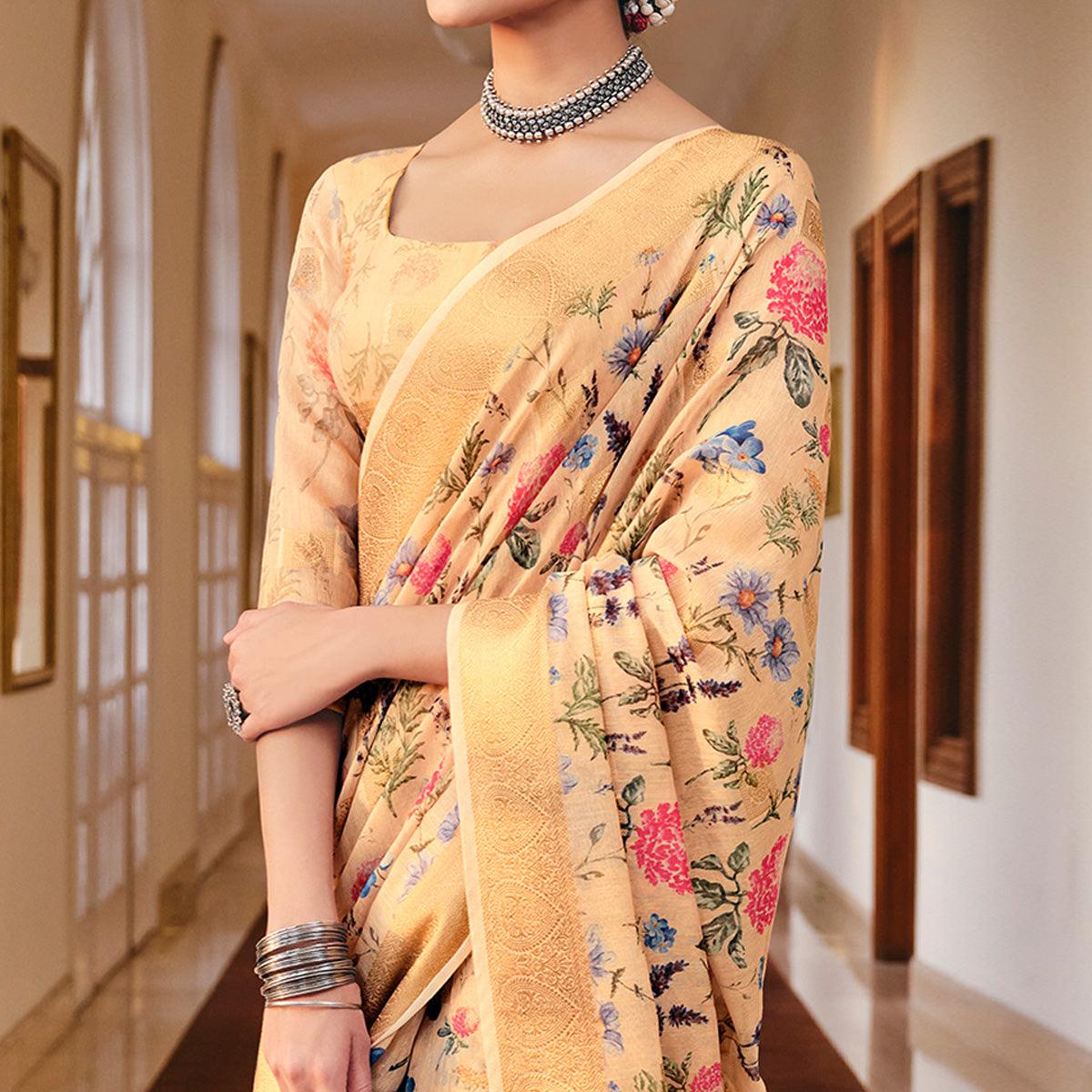 Breathtaking Golden-Yellow Colored Party Wear Digital Printed Linen Saree - Peachmode