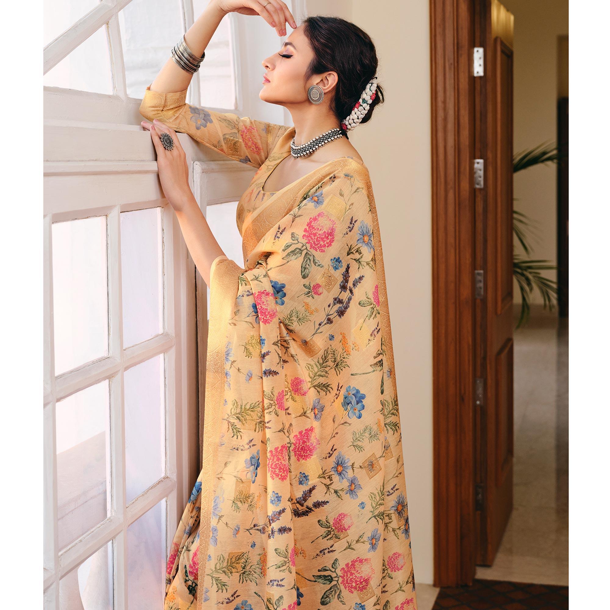Breathtaking Golden-Yellow Colored Party Wear Digital Printed Linen Saree - Peachmode