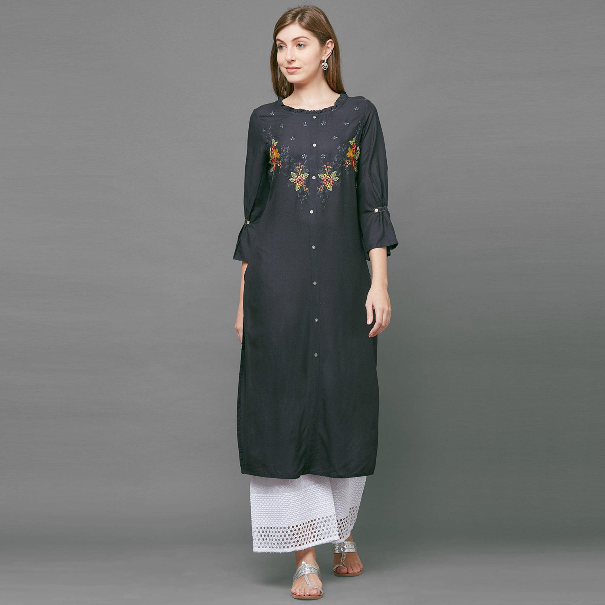 Breathtaking Gray Colored Casual Embroidered Cotton Kurti - Peachmode