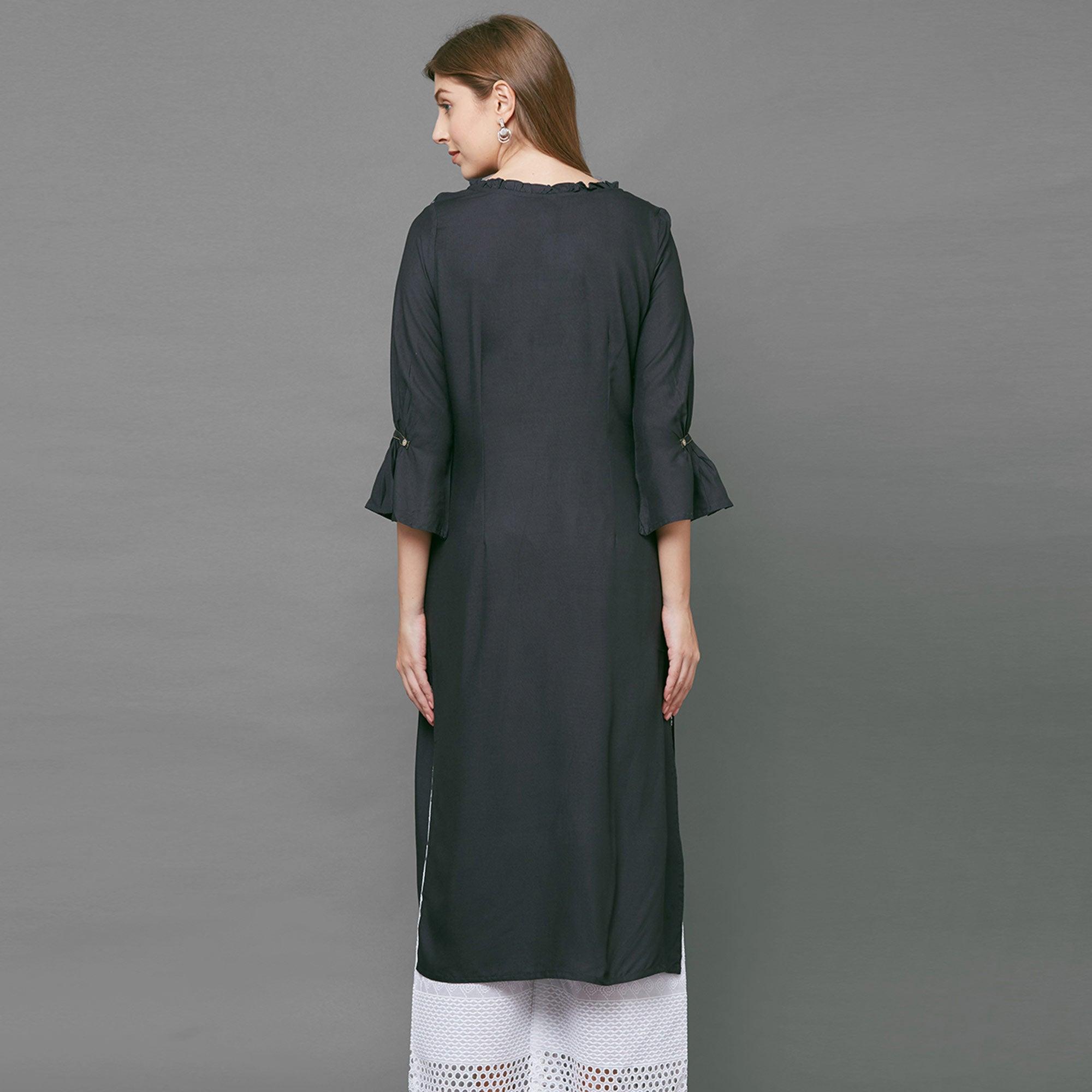 Breathtaking Gray Colored Casual Embroidered Cotton Kurti - Peachmode