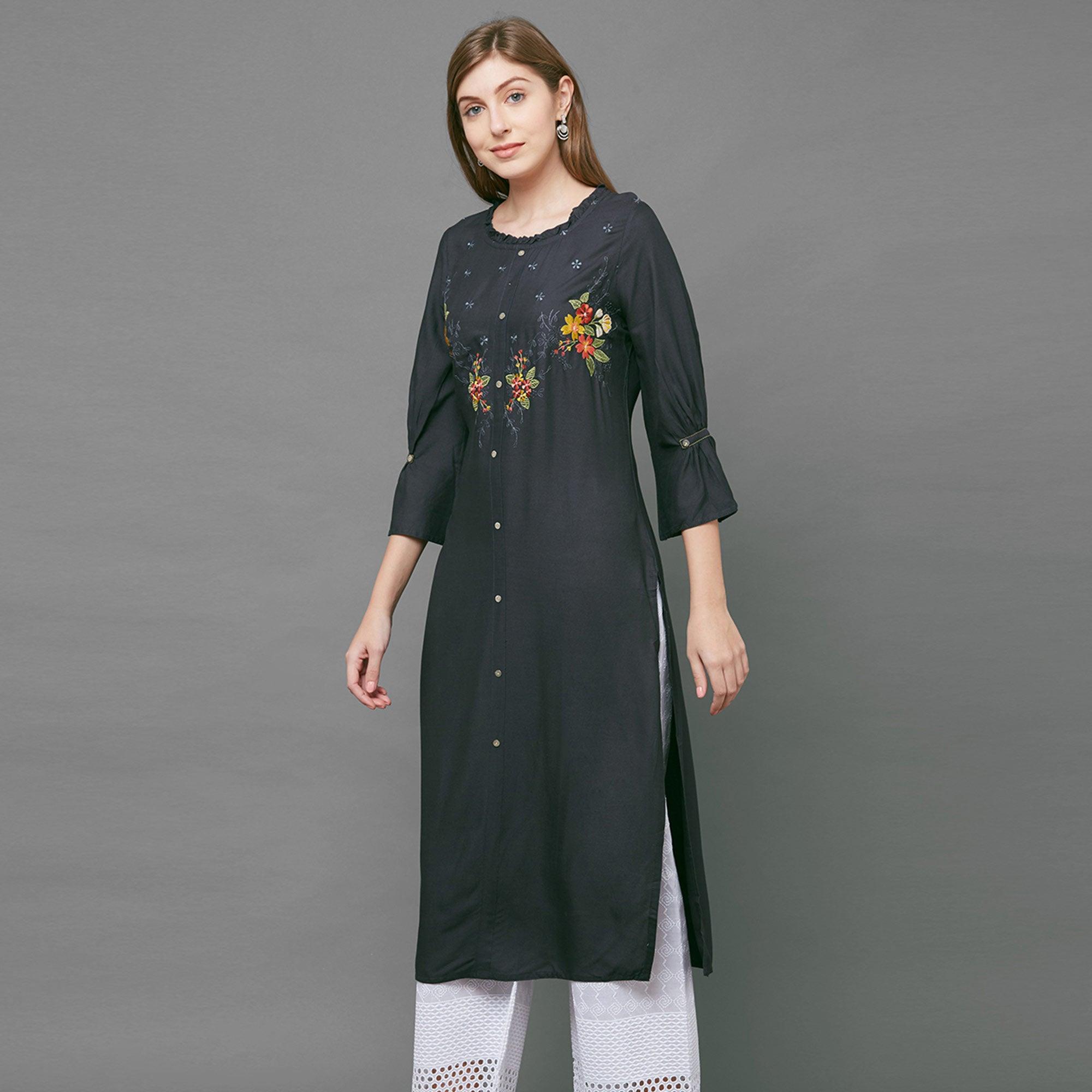 Breathtaking Gray Colored Casual Embroidered Cotton Kurti - Peachmode