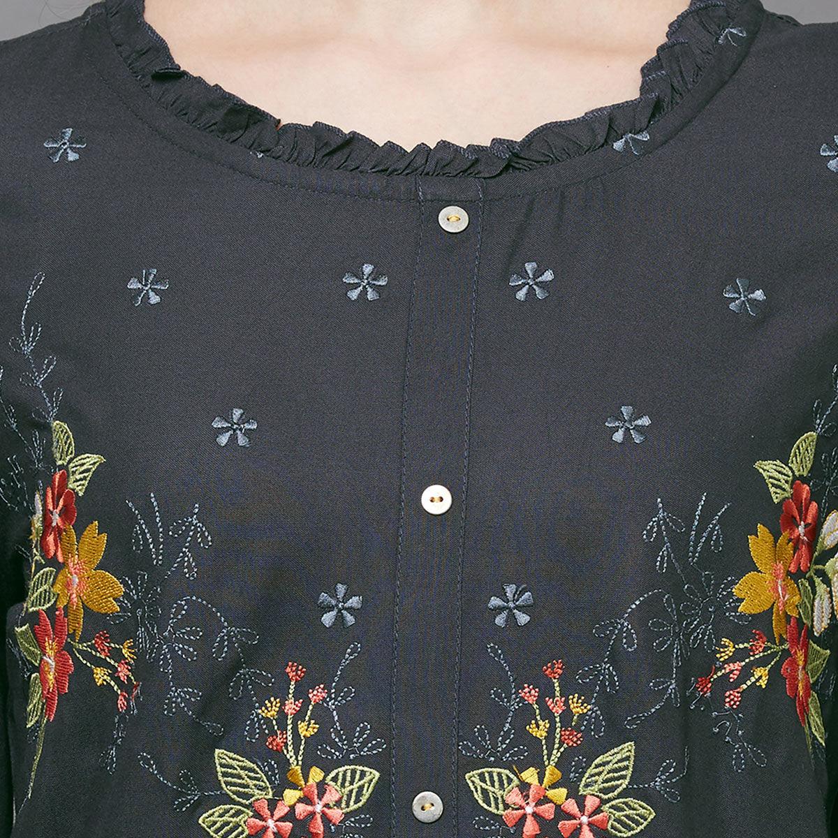 Breathtaking Gray Colored Casual Embroidered Cotton Kurti - Peachmode