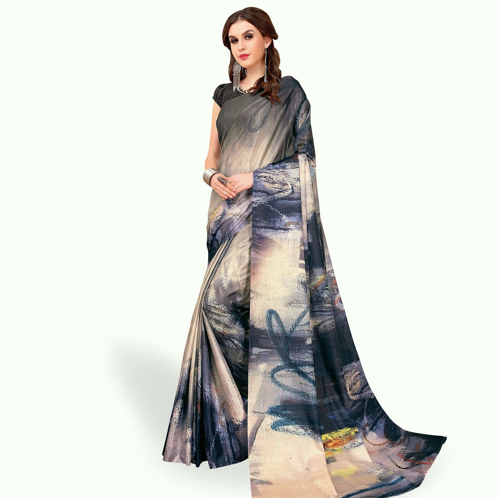 Breathtaking Gray - Multi Colored Casual Wear Printed Art Silk Saree - Peachmode