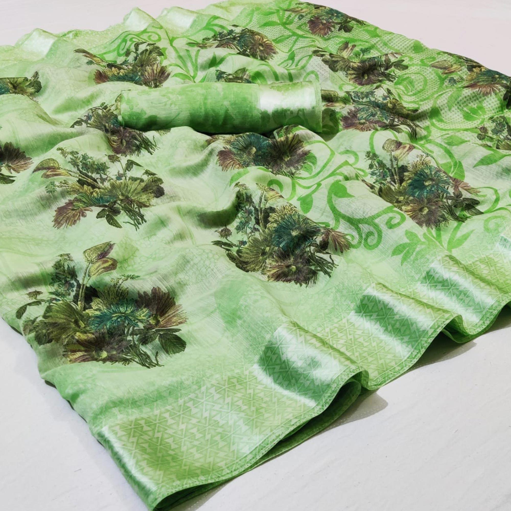 Breathtaking Green Colored Casual Wear Floral Printed Linen Saree - Peachmode