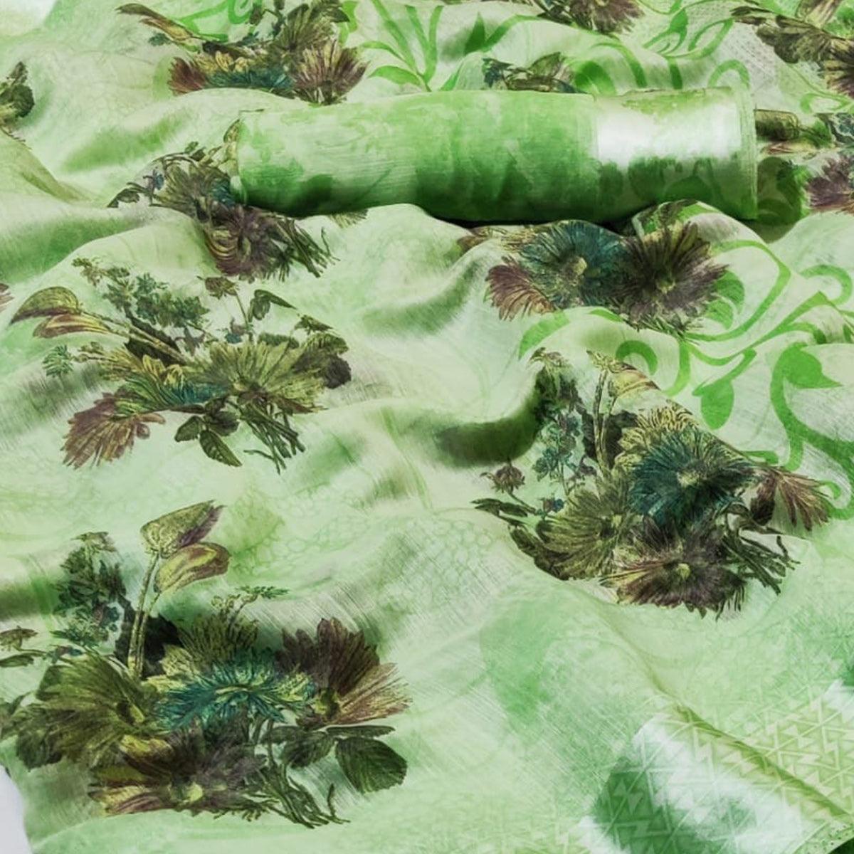 Breathtaking Green Colored Casual Wear Floral Printed Linen Saree - Peachmode