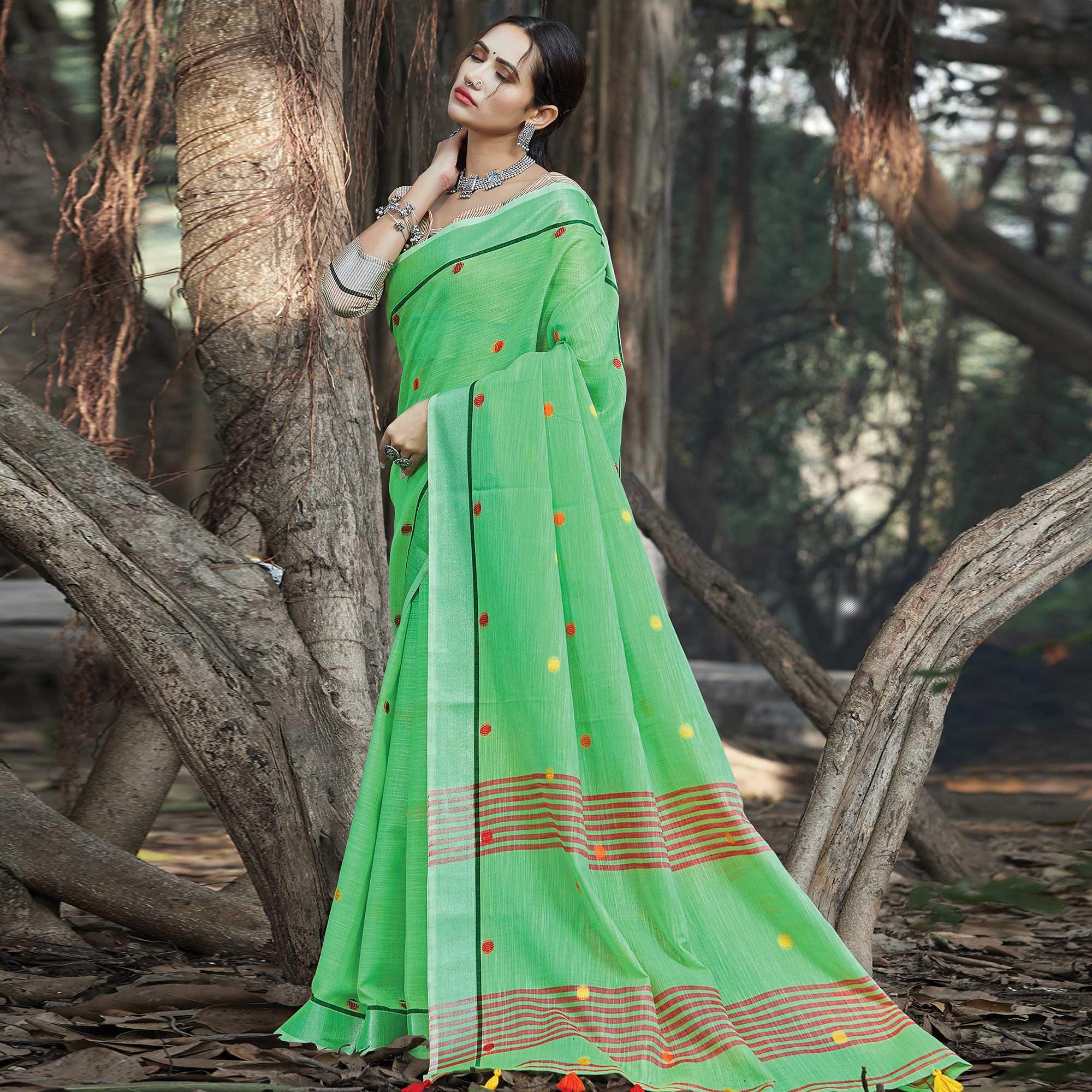Breathtaking Green Colored Festive Wear Printed Linen Saree - Peachmode