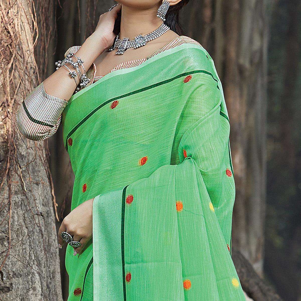 Breathtaking Green Colored Festive Wear Printed Linen Saree - Peachmode