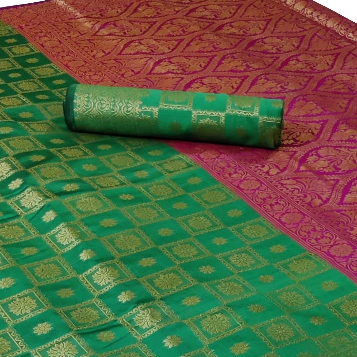 Breathtaking Green Colored Festive Wear Woven Silk Saree - Peachmode