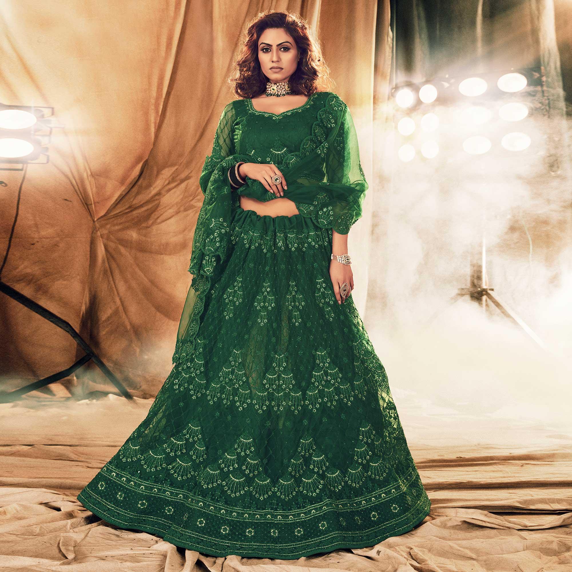 Breathtaking Green Colored Wedding Wear Embroidered Net Lehenga Choli - Peachmode