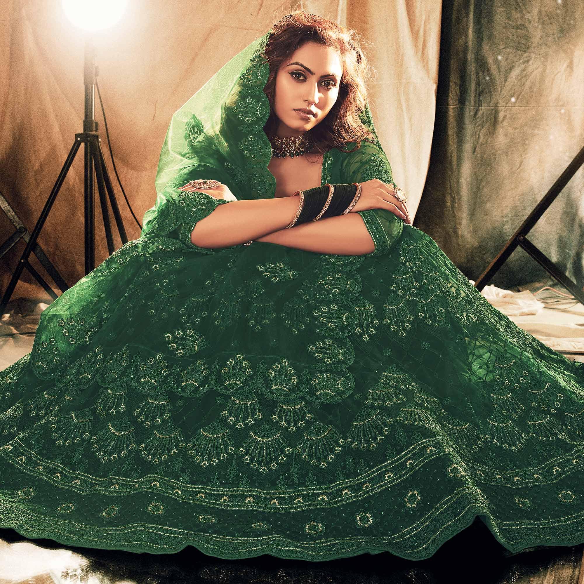 Breathtaking Green Colored Wedding Wear Embroidered Net Lehenga Choli - Peachmode