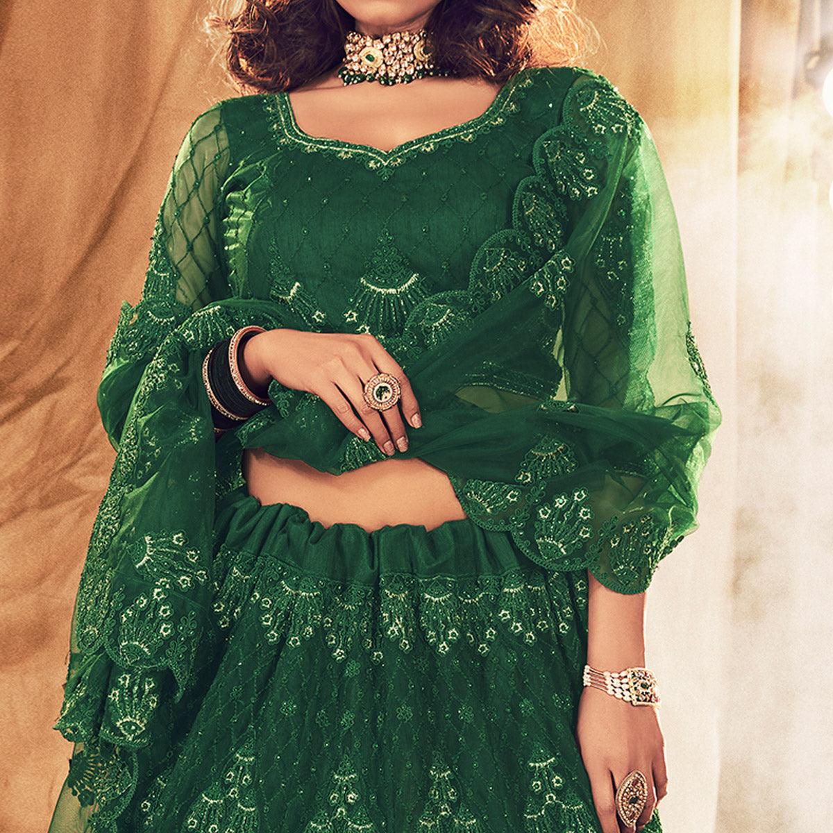 Breathtaking Green Colored Wedding Wear Embroidered Net Lehenga Choli - Peachmode