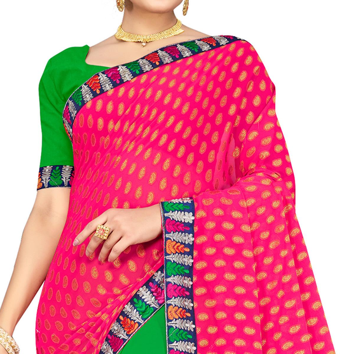 Breathtaking Green-Pink Colored Party Wear Embroidered Georgette Half-Half Saree - Peachmode