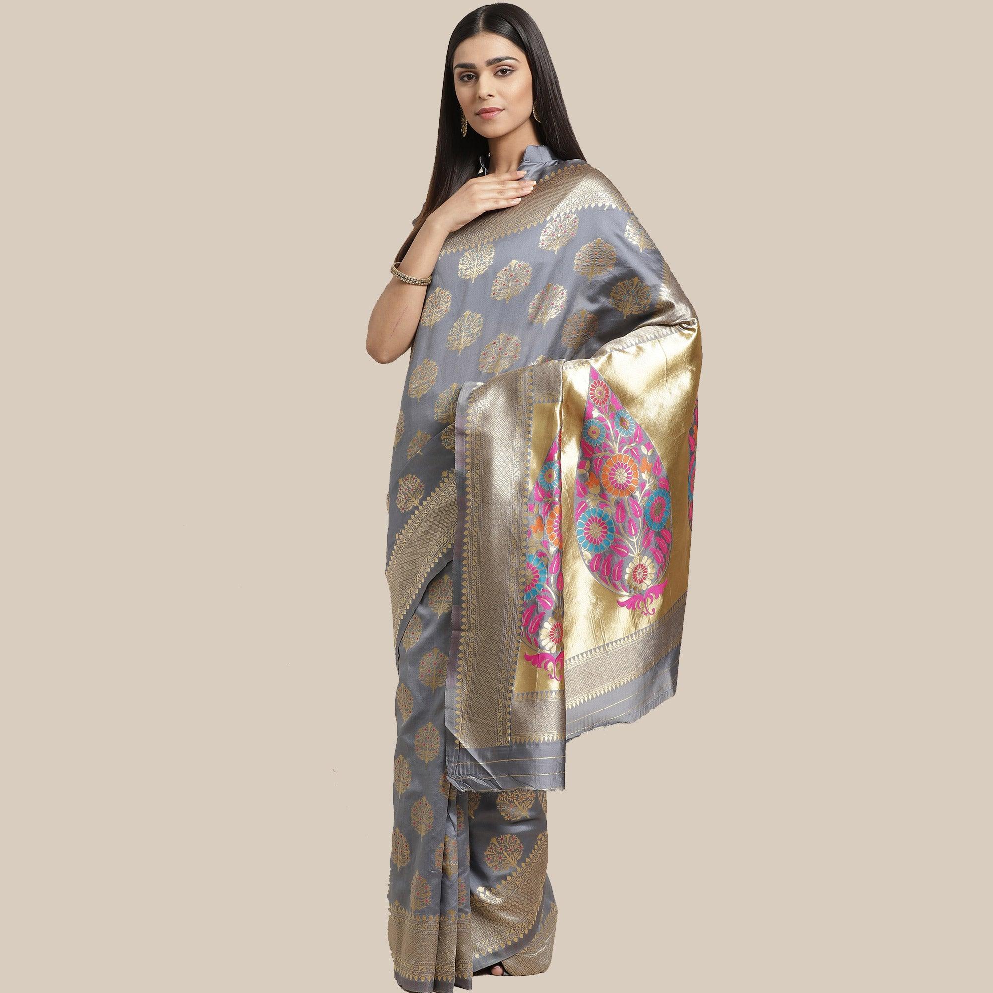 Breathtaking Grey Colored Festive Wear Woven Silk Blend Saree - Peachmode