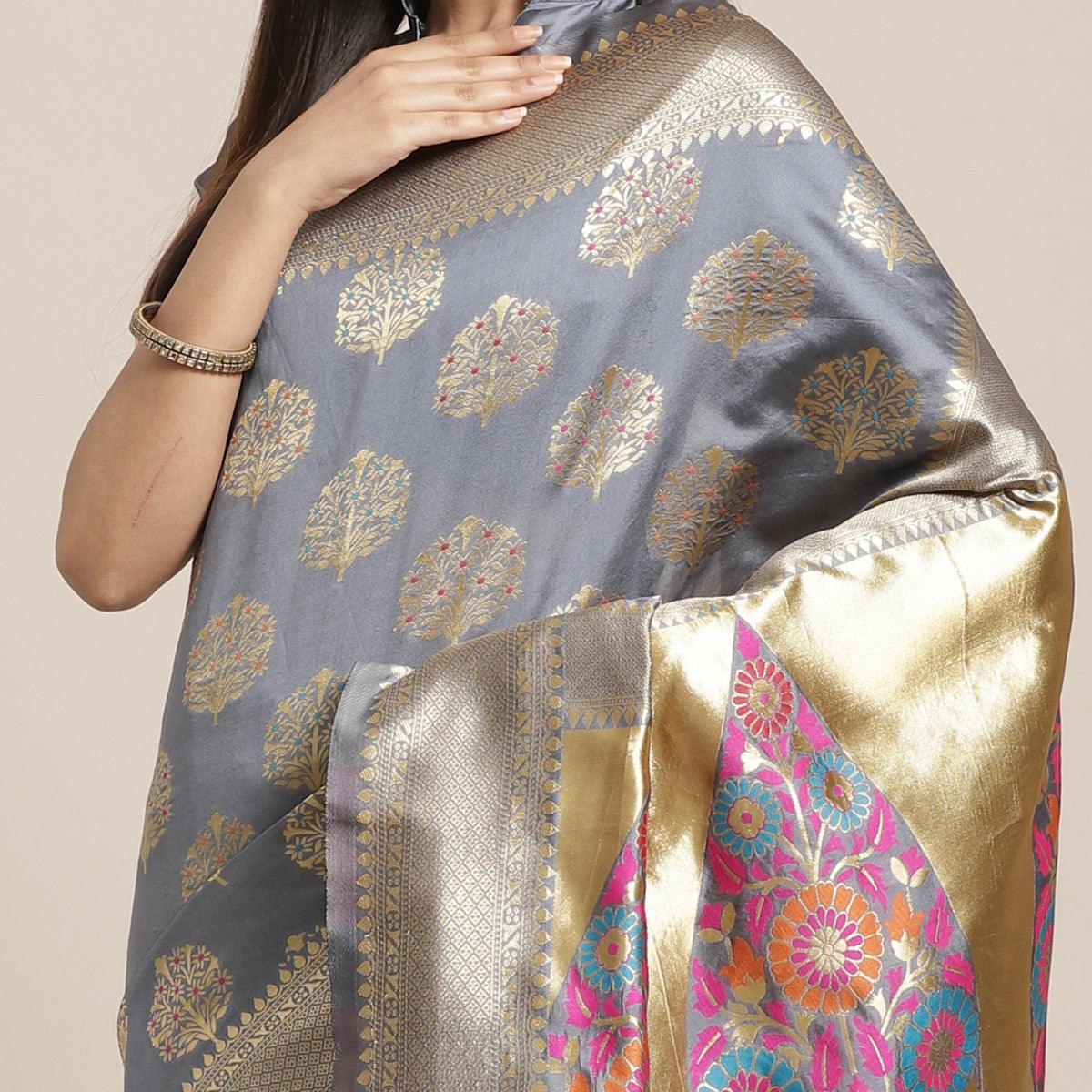 Breathtaking Grey Colored Festive Wear Woven Silk Blend Saree - Peachmode