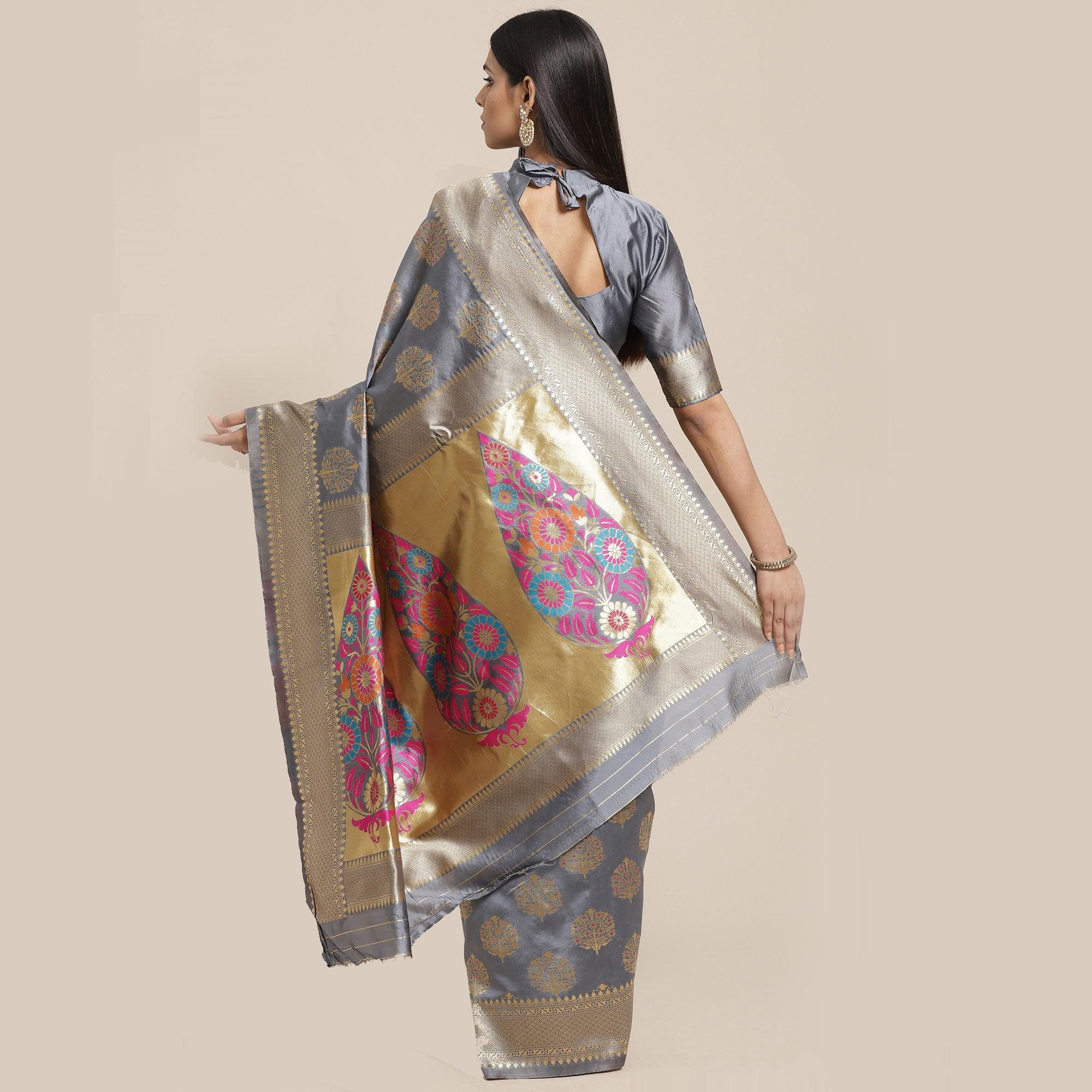 Breathtaking Grey Colored Festive Wear Woven Silk Blend Saree - Peachmode