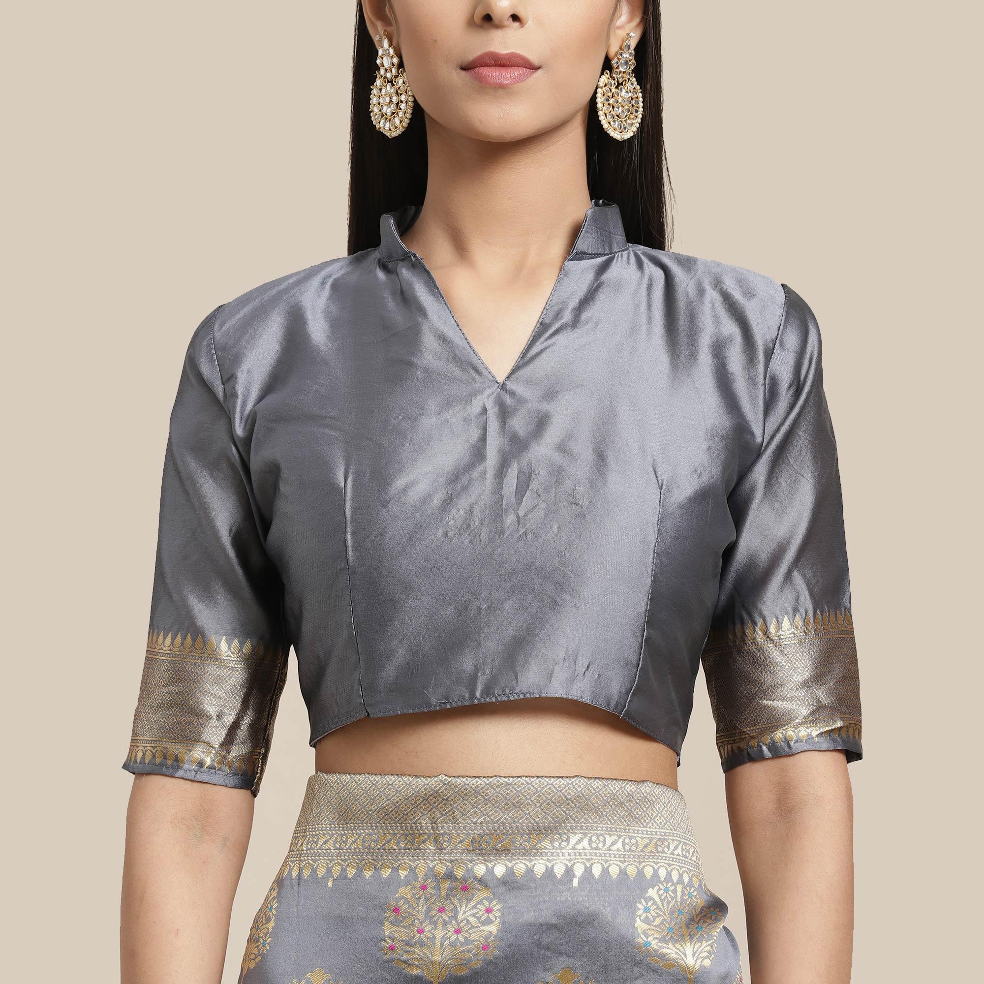 Breathtaking Grey Colored Festive Wear Woven Silk Blend Saree - Peachmode