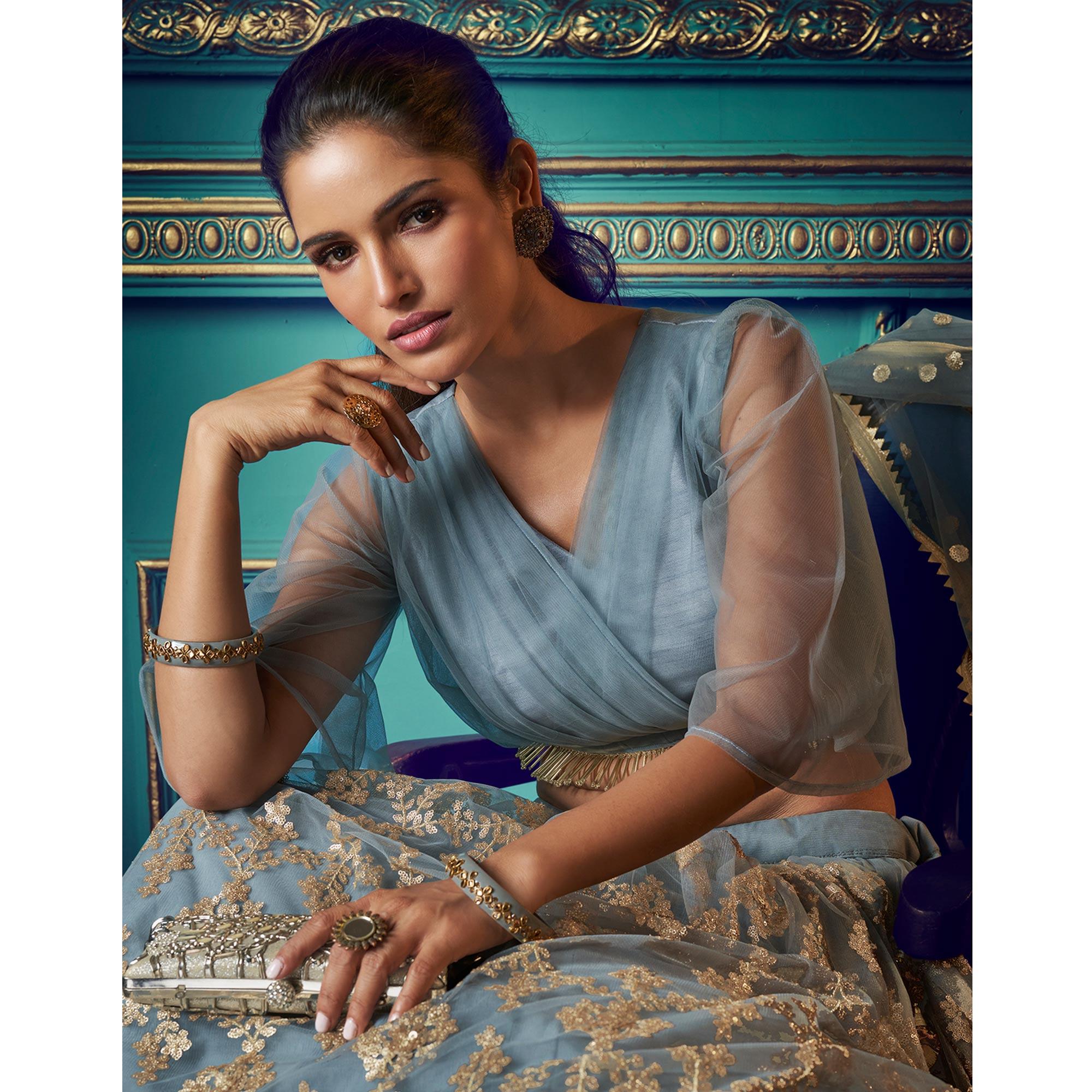 Breathtaking Grey Colored Partywear Embroidered Soft Net Lehenga Choli - Peachmode