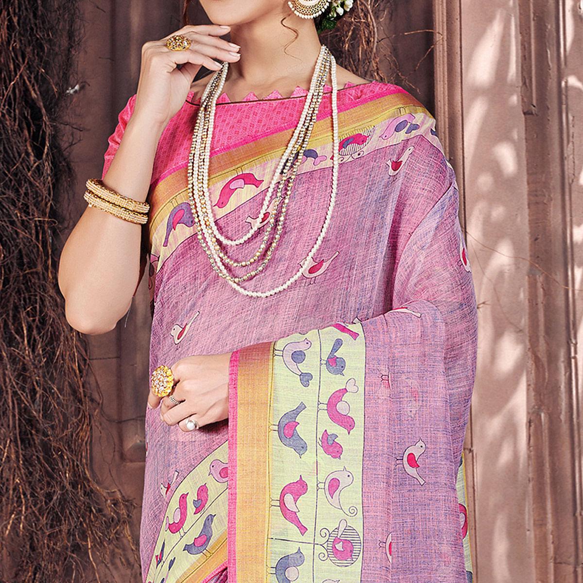 Breathtaking Light Pink Colored Casual Wear Printed Cotton Saree - Peachmode
