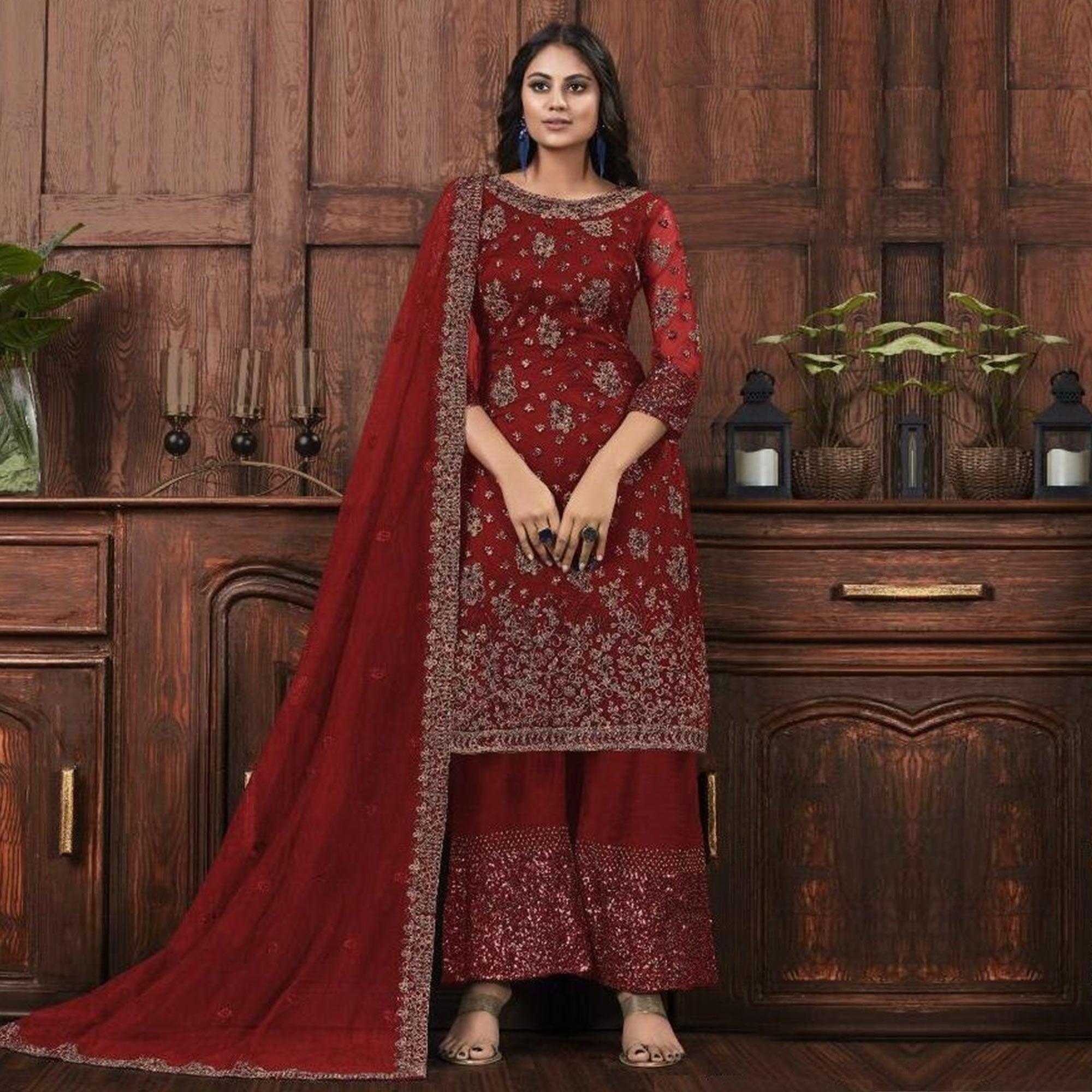 Breathtaking Maroon Colored Partywear Embroidered Net Palazzo Suit - Peachmode