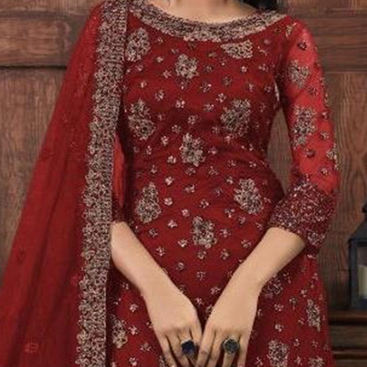 Breathtaking Maroon Colored Partywear Embroidered Net Palazzo Suit - Peachmode