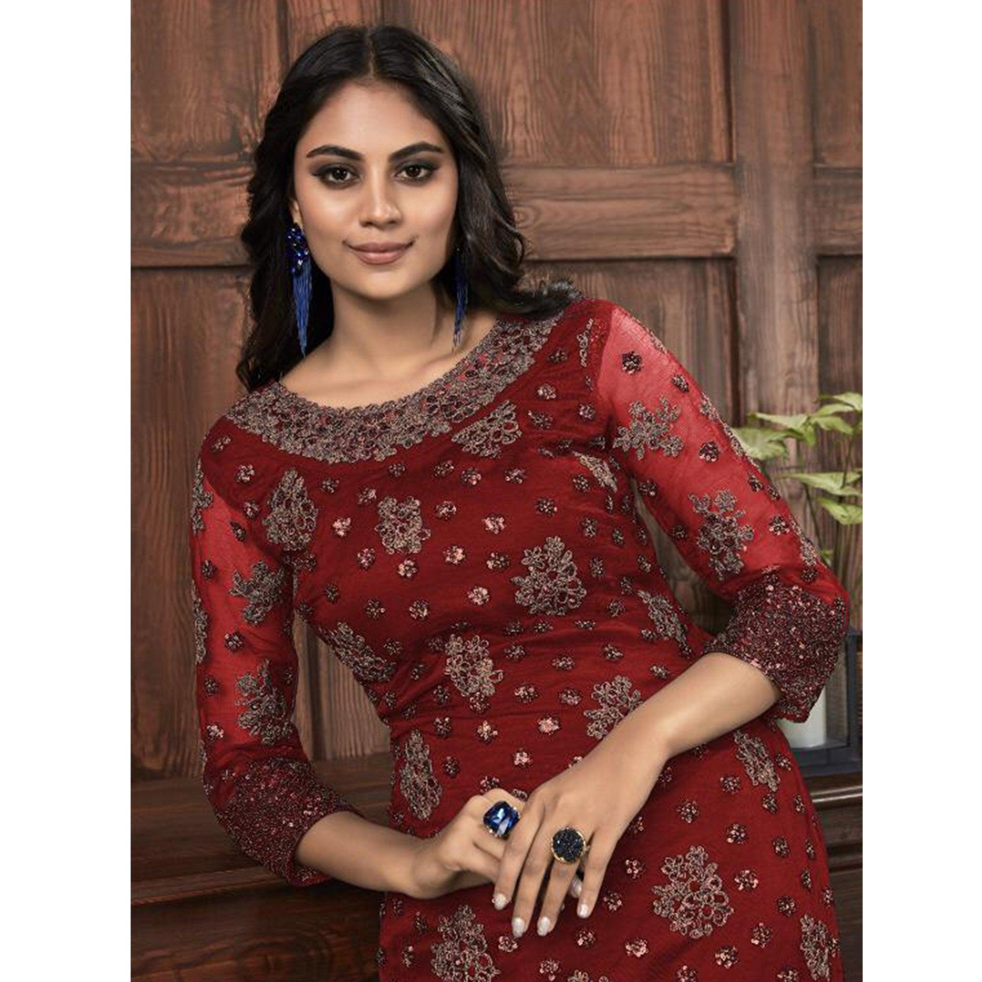 Breathtaking Maroon Colored Partywear Embroidered Net Palazzo Suit - Peachmode