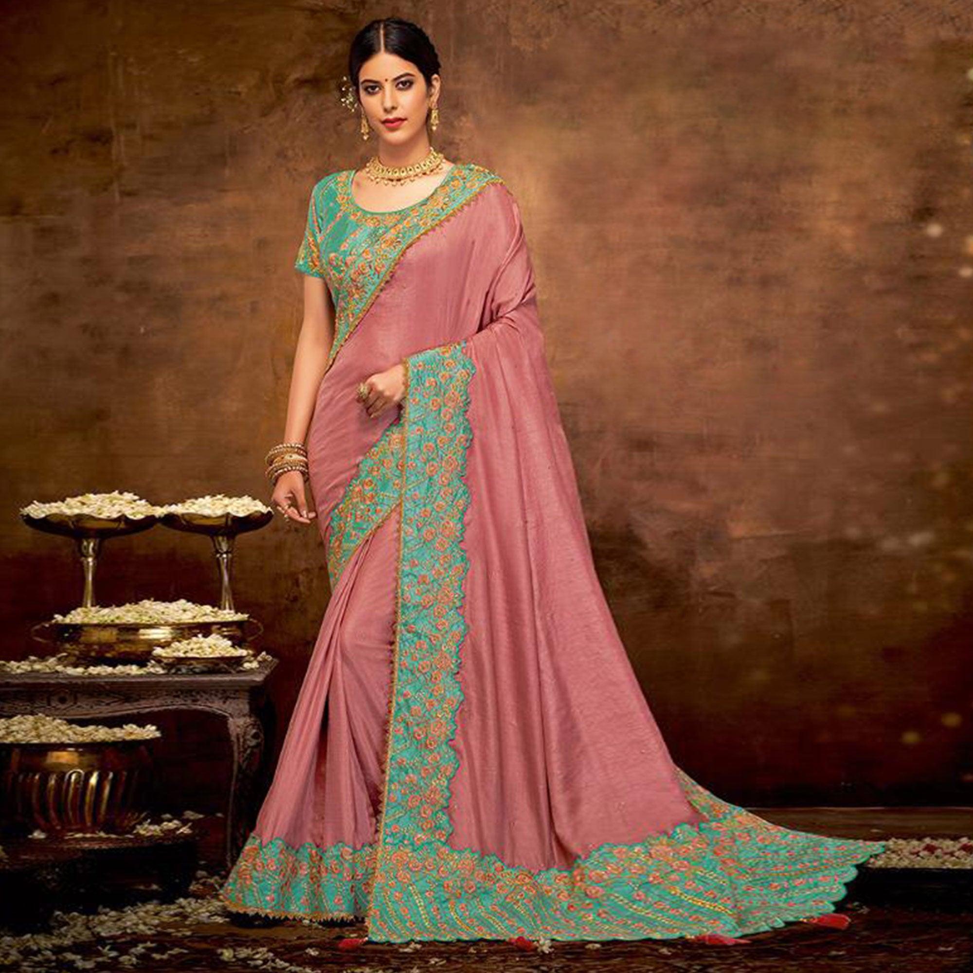 Breathtaking Mauve Colored Partywear Embroidered Silk-Georgette Saree - Peachmode