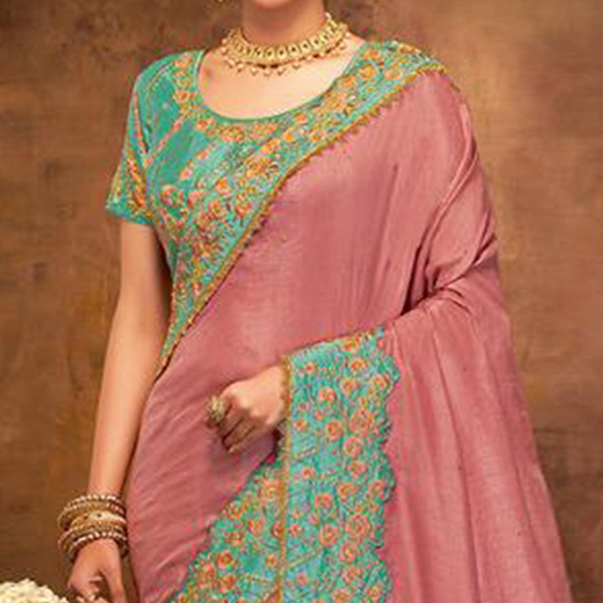 Breathtaking Mauve Colored Partywear Embroidered Silk-Georgette Saree - Peachmode