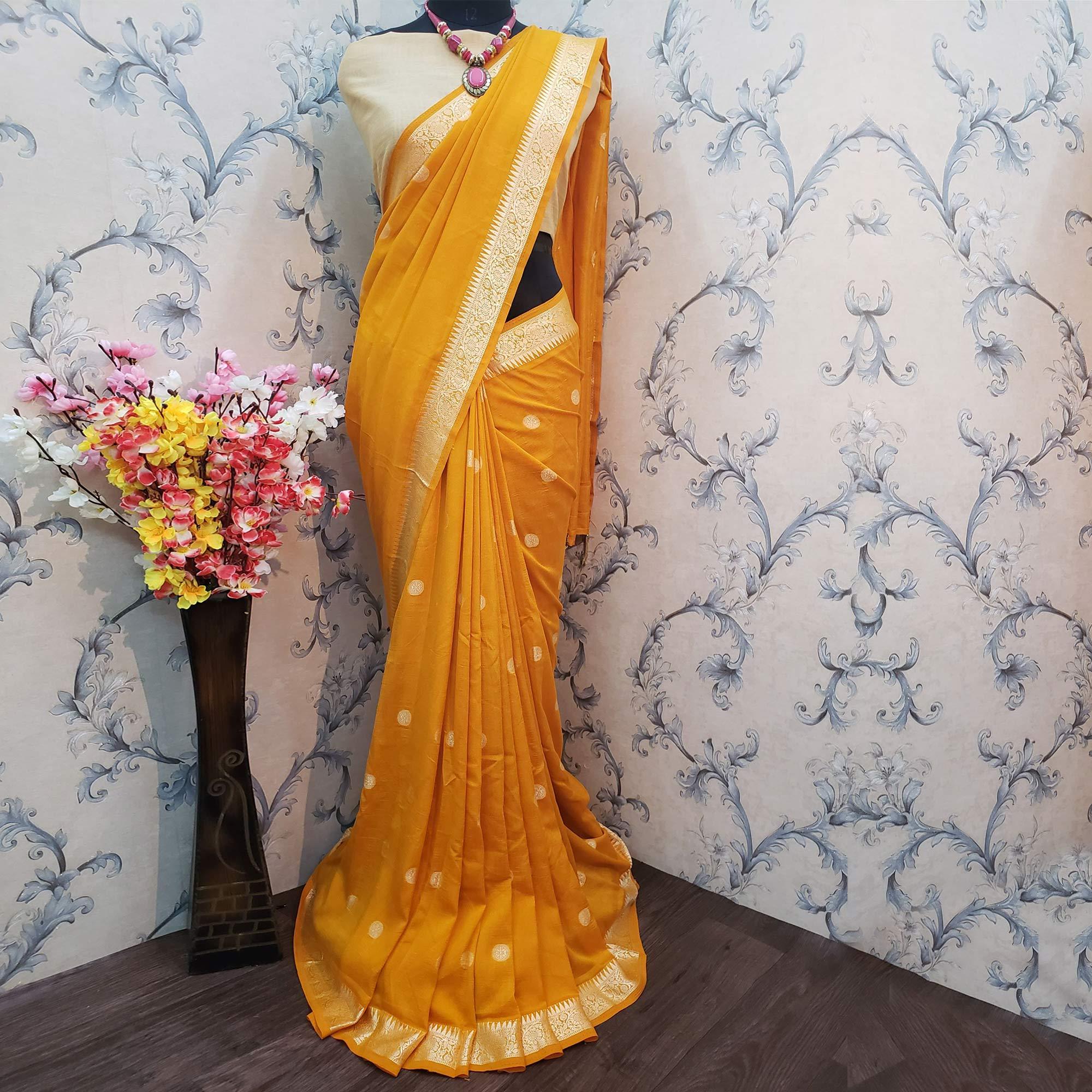 Breathtaking Mustard Colored Festive Wear Woven Vichitra Silk Saree - Peachmode