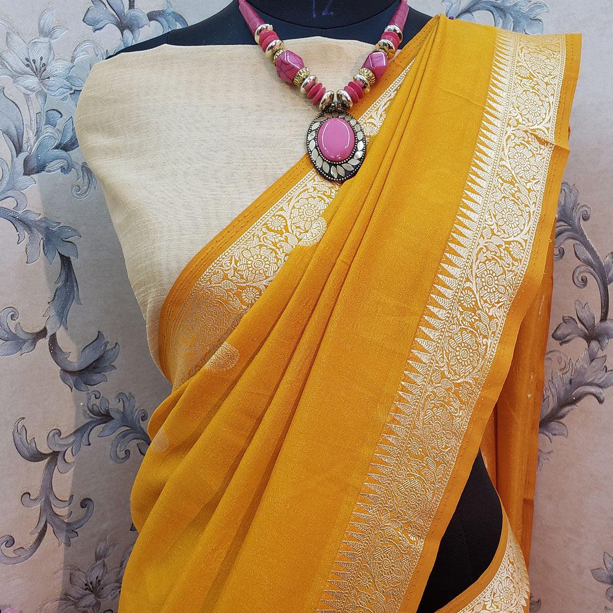 Breathtaking Mustard Colored Festive Wear Woven Vichitra Silk Saree - Peachmode