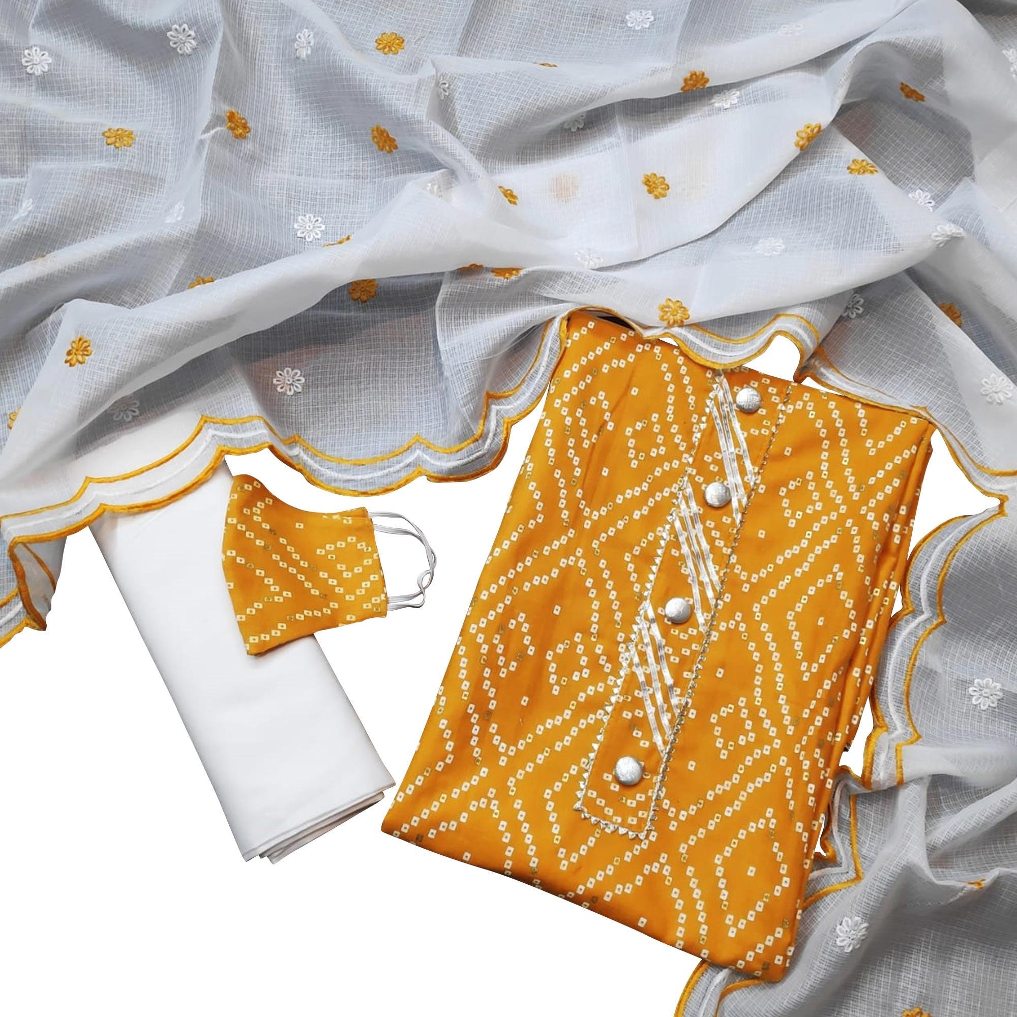 Breathtaking Mustard Yellow Colored Casual Wear Printed Cotton Dress Material - Peachmode