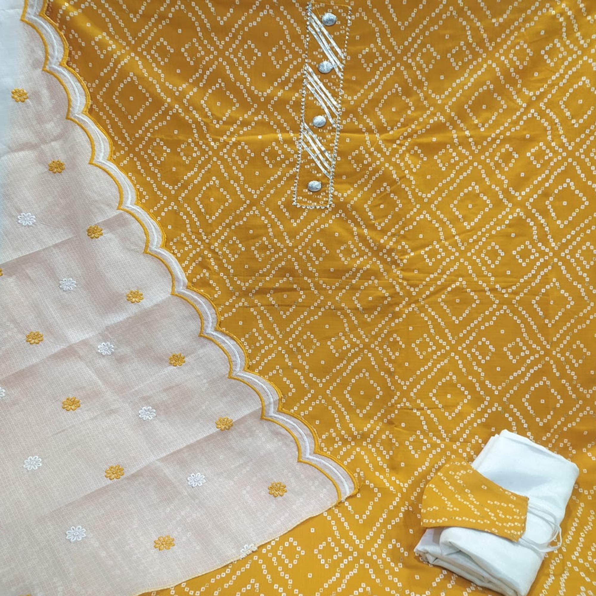 Breathtaking Mustard Yellow Colored Casual Wear Printed Cotton Dress Material - Peachmode