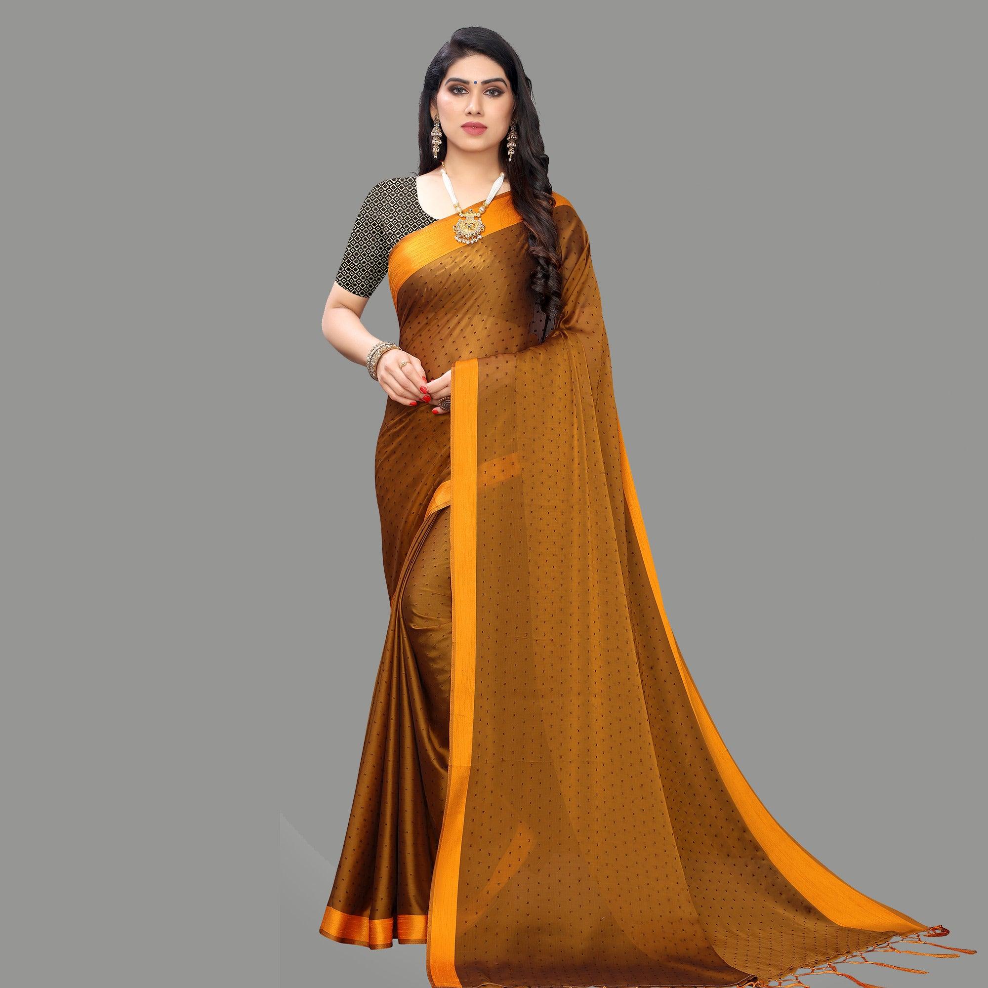 Breathtaking Mustard Yellow Colored Party Wear Printed Poly Georgette Saree With Tassels - Peachmode