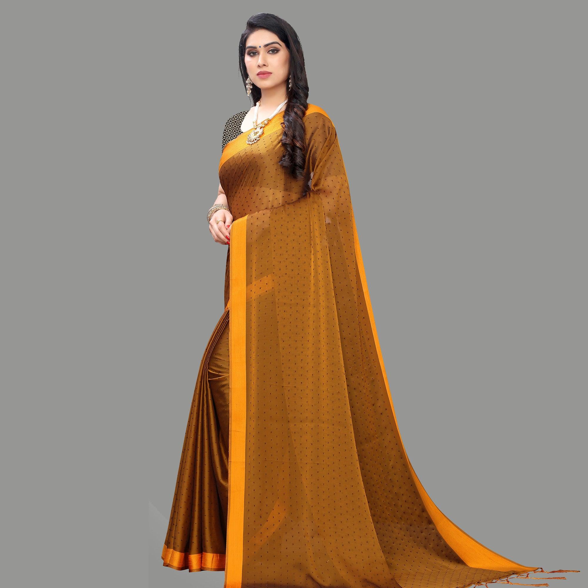 Breathtaking Mustard Yellow Colored Party Wear Printed Poly Georgette Saree With Tassels - Peachmode