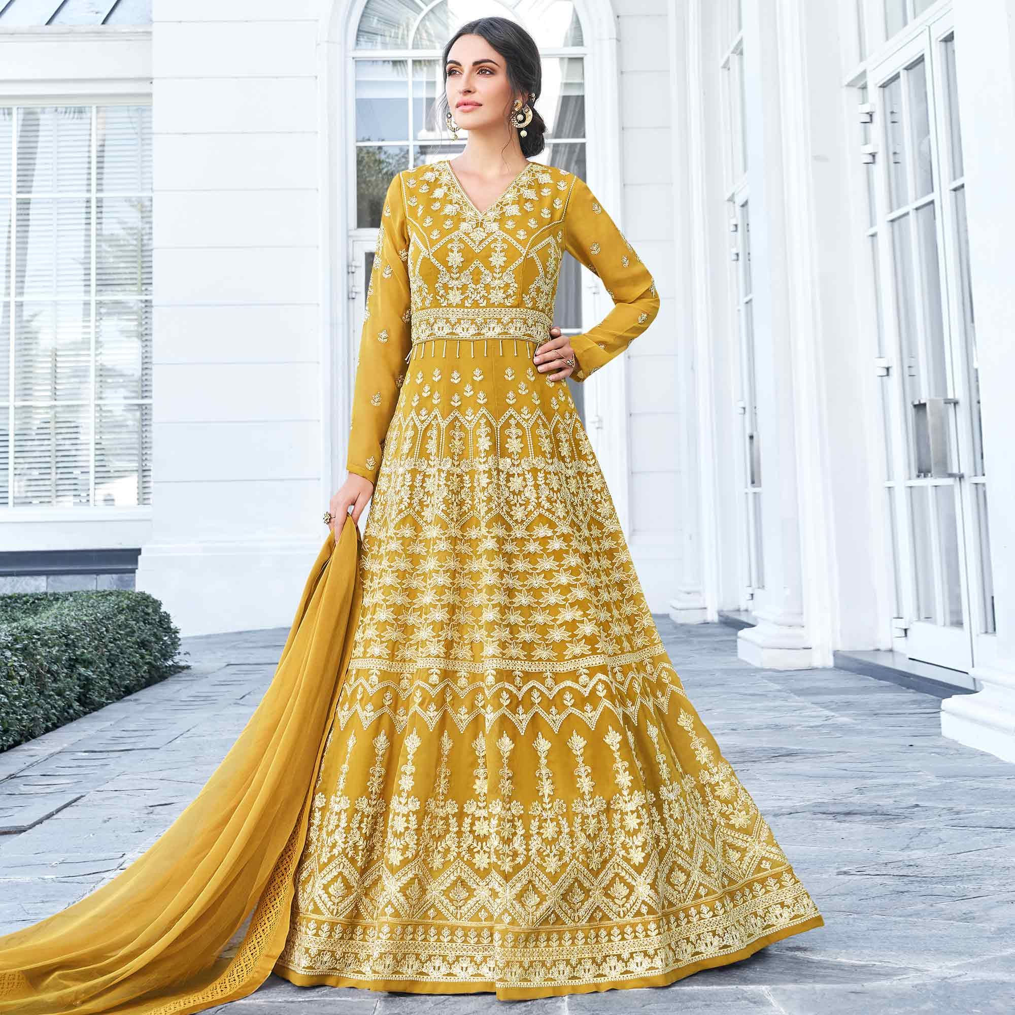 Breathtaking Mustard Yellow Colored Partywear Embroidered Georgette Anarkali Suit - Peachmode
