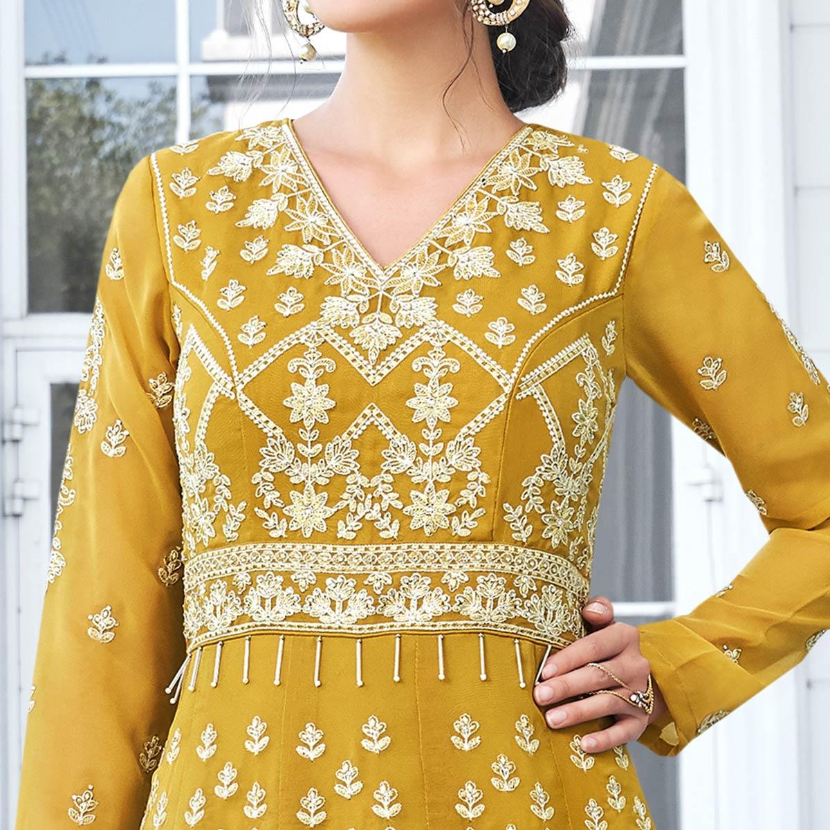 Breathtaking Mustard Yellow Colored Partywear Embroidered Georgette Anarkali Suit - Peachmode