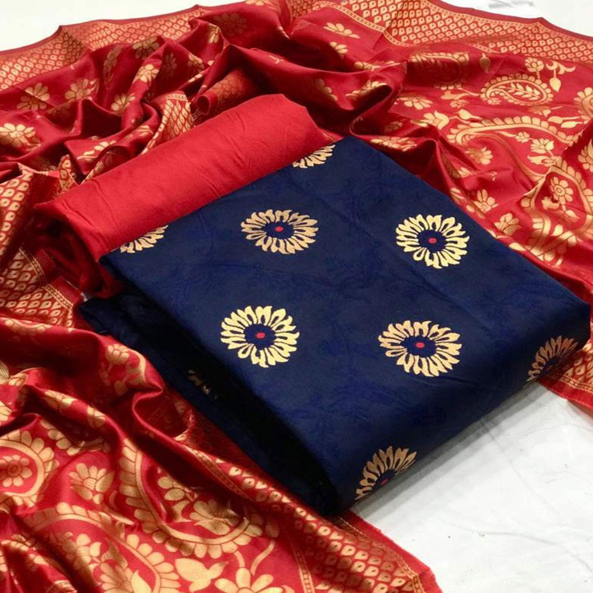 Breathtaking Navy Blue Colored Casual Wear Banarasi Silk Dress Material - Peachmode