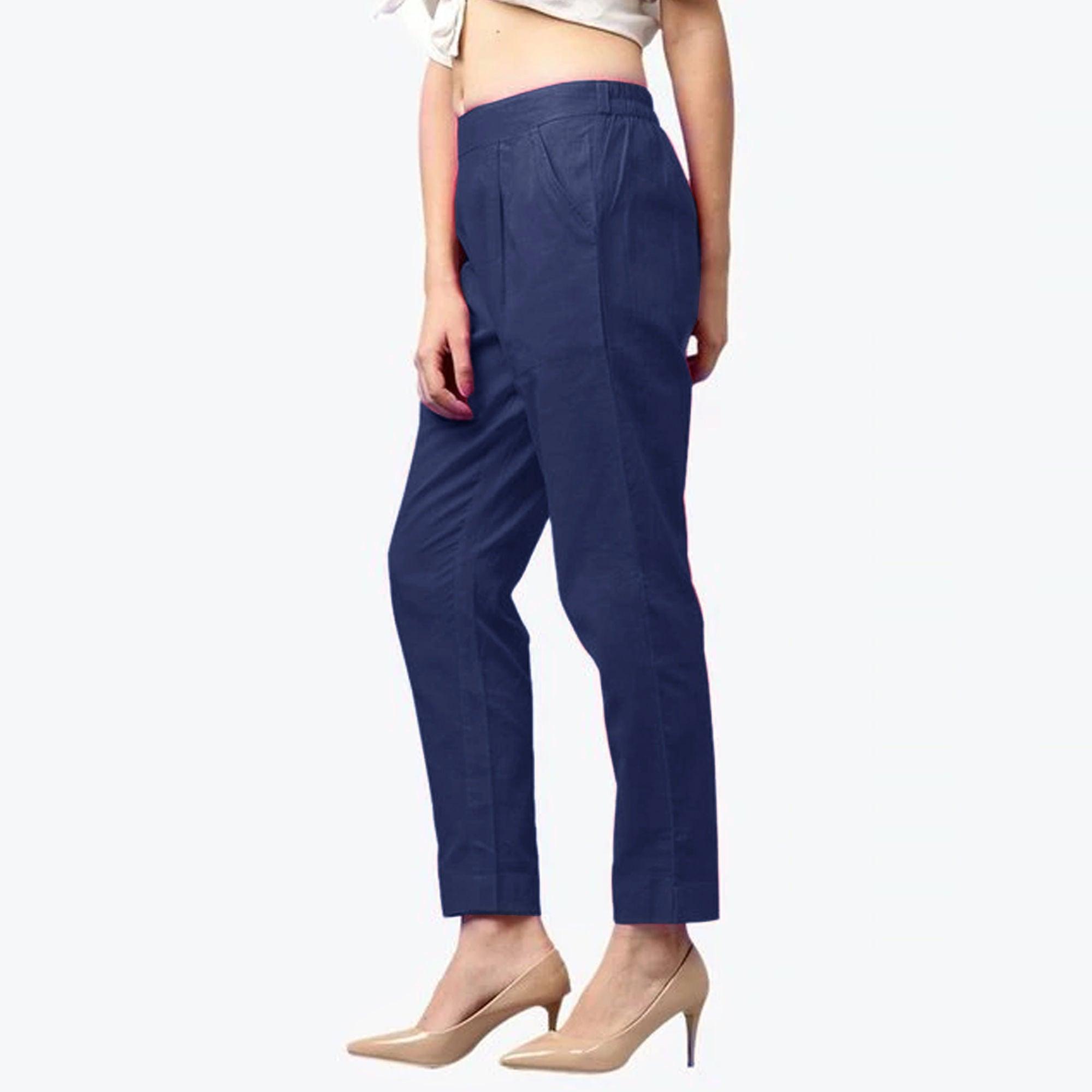 Breathtaking Navy Blue Colored Casual Wear Cotton Pant - Peachmode