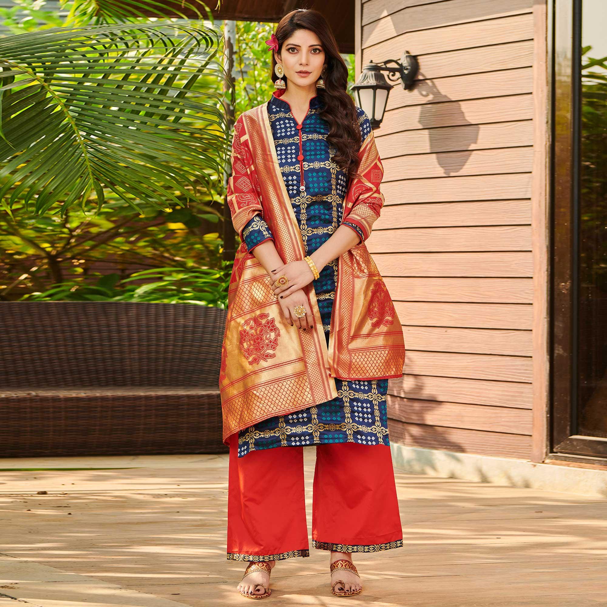 Breathtaking Navy Blue Colored Casual Wear Woven Jacquard Silk Dress Material - Peachmode