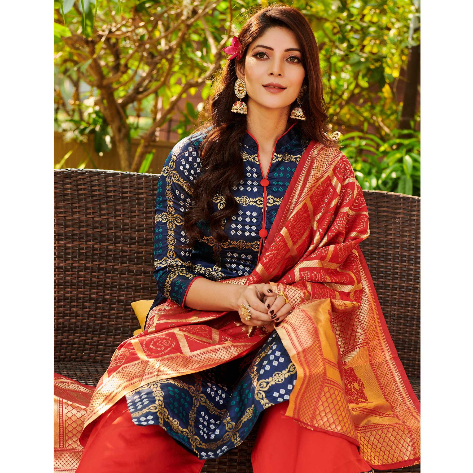 Breathtaking Navy Blue Colored Casual Wear Woven Jacquard Silk Dress Material - Peachmode