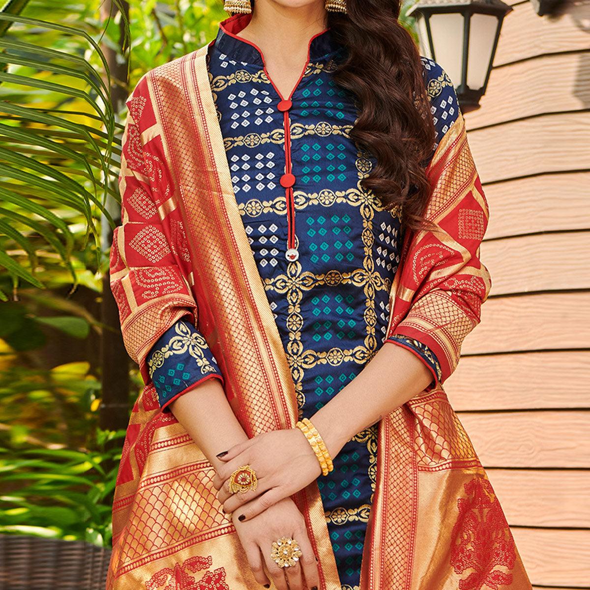 Breathtaking Navy Blue Colored Casual Wear Woven Jacquard Silk Dress Material - Peachmode