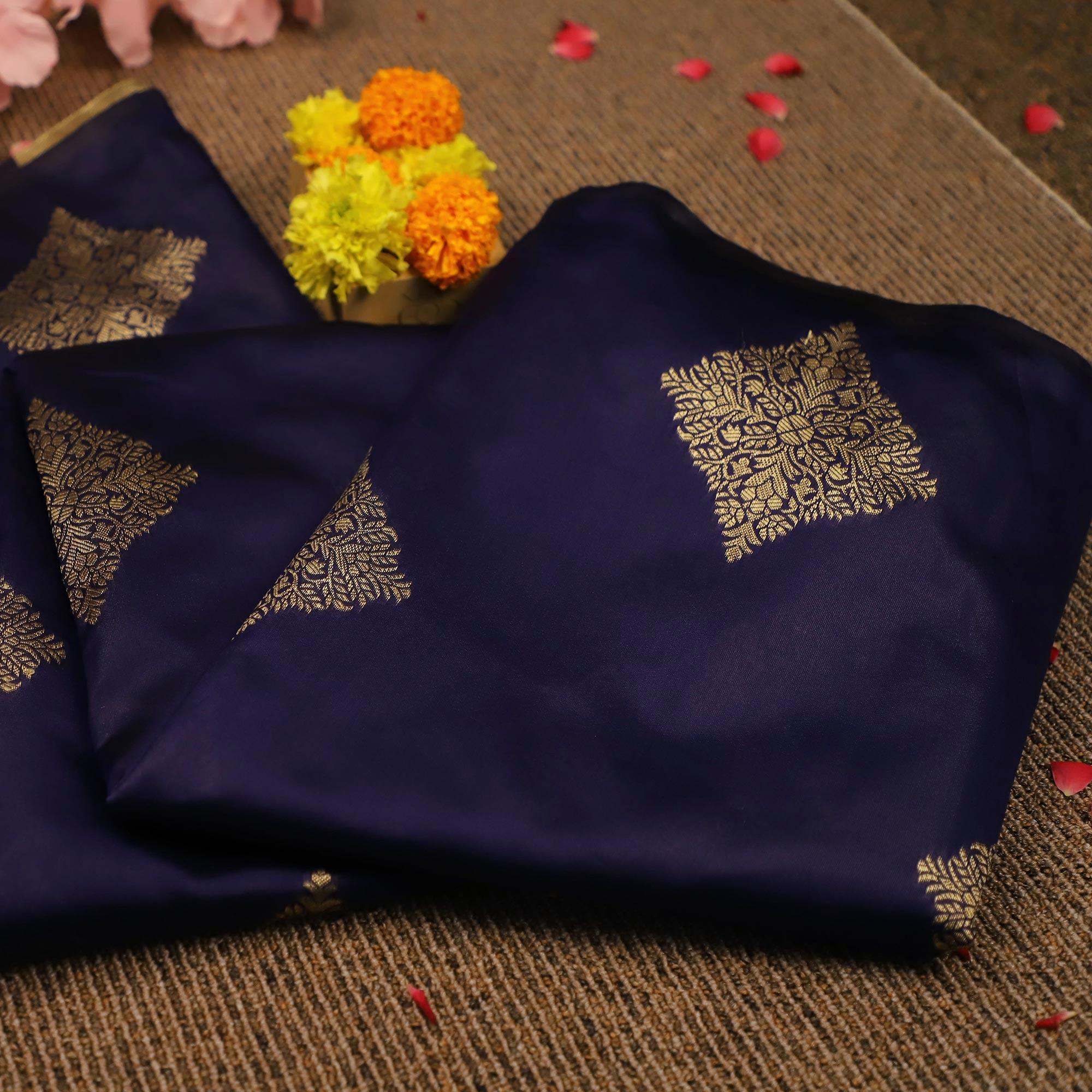 Breathtaking Navy Blue Colored Festive Wear Woven Soft Silk Saree - Peachmode