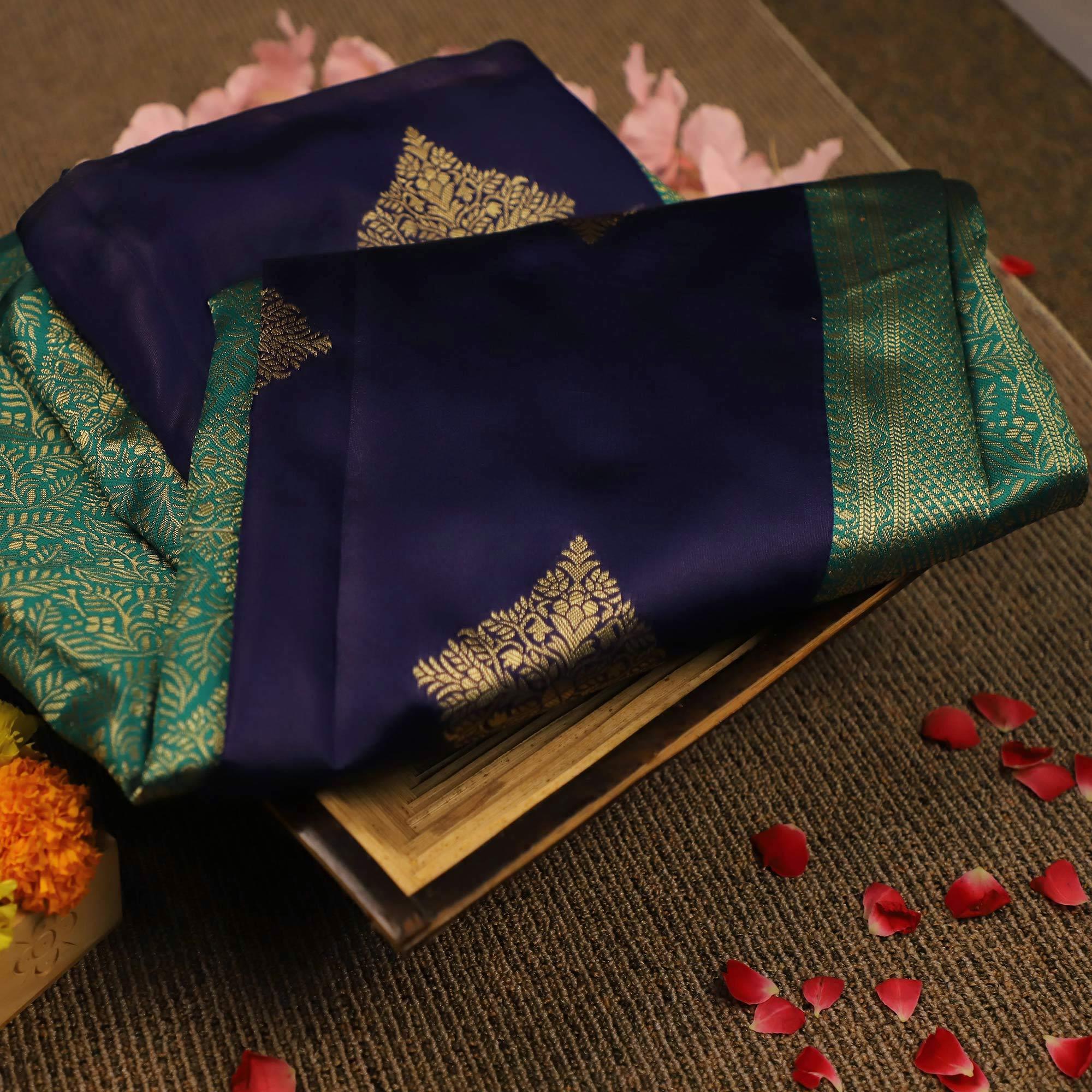 Breathtaking Navy Blue Colored Festive Wear Woven Soft Silk Saree - Peachmode
